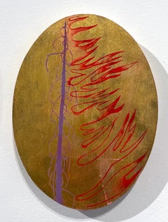 Untitled Fire Tree 2, tree on golden background, oil painting on oval panel