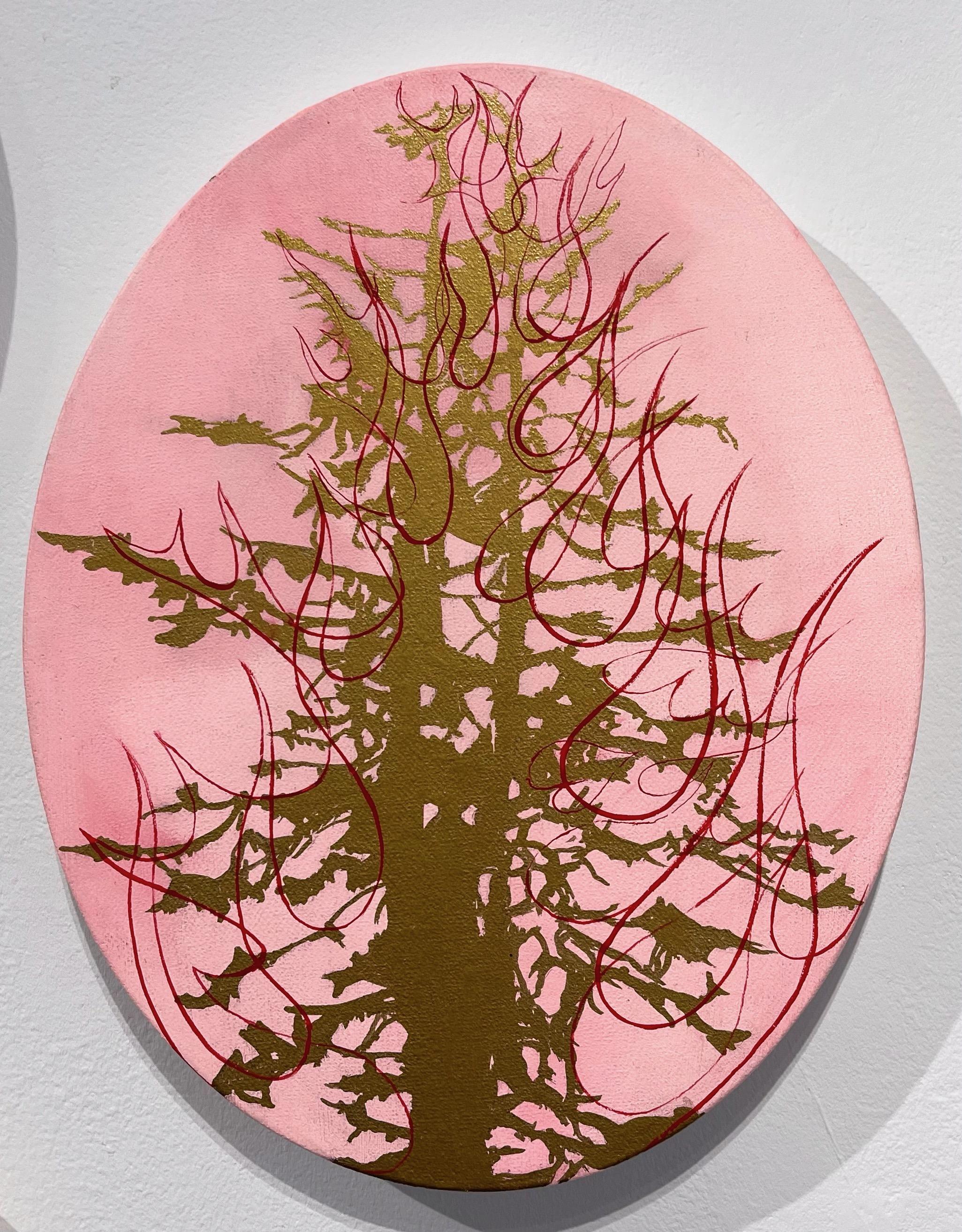 Jim Denney Abstract Painting - Untitled Fire Tree 3, tree on pink background, oil painting on oval panel
