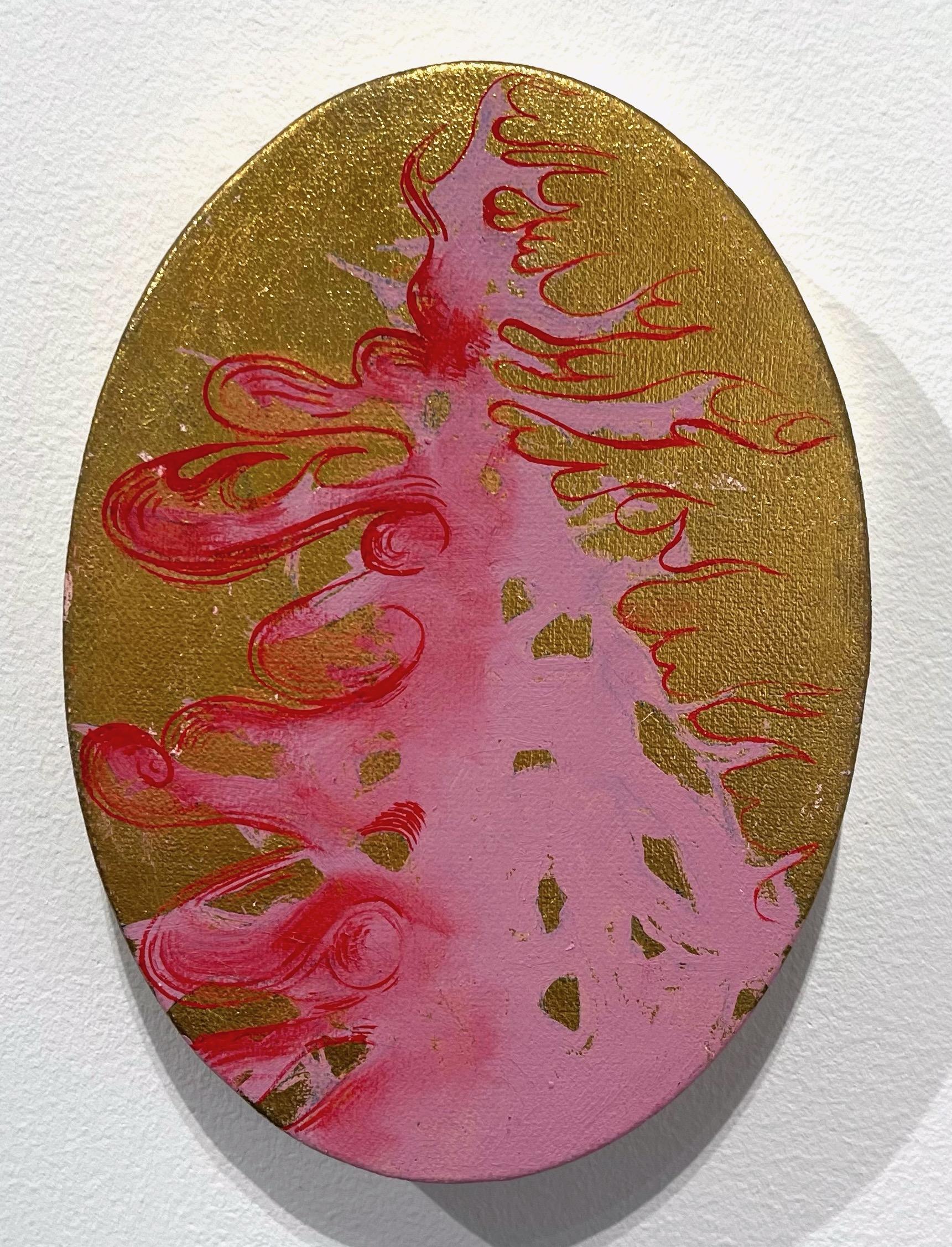 Jim Denney Abstract Painting - Fire Tree 6, tree on golden background, oil painting on oval canvas