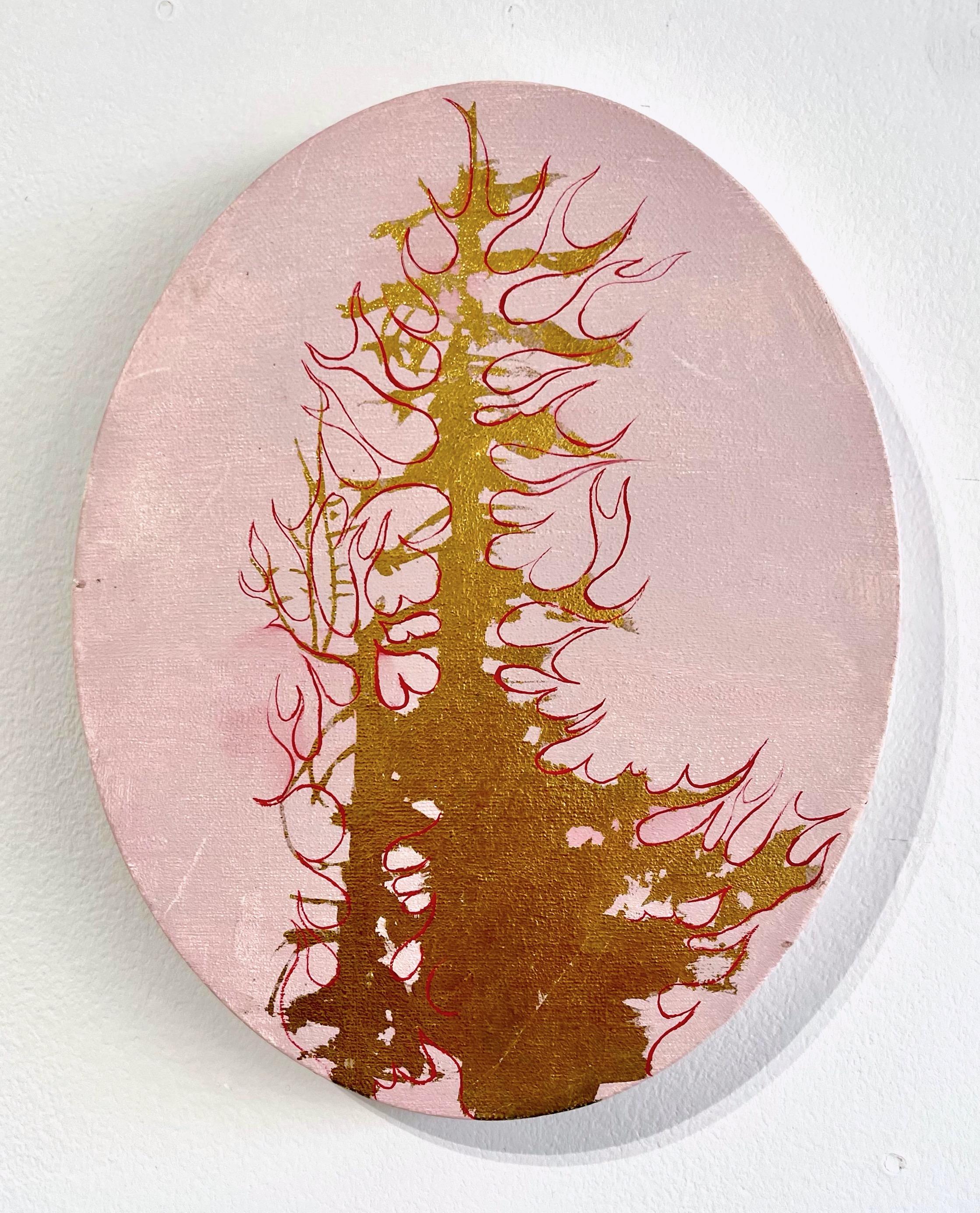 Jim Denney Figurative Painting - Untitled Fire Tree 5, tree on pink background, oil painting on oval panel