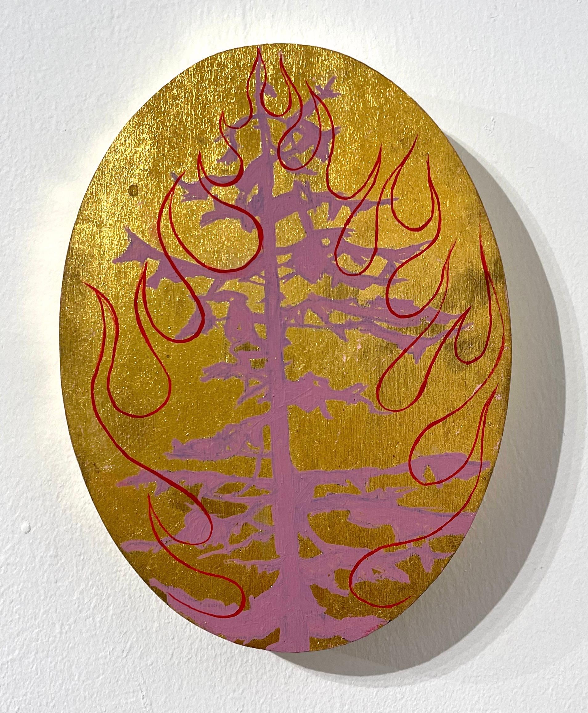 Jim Denney Figurative Painting - Tree 18, tree on golden background, oil painting on oval panel