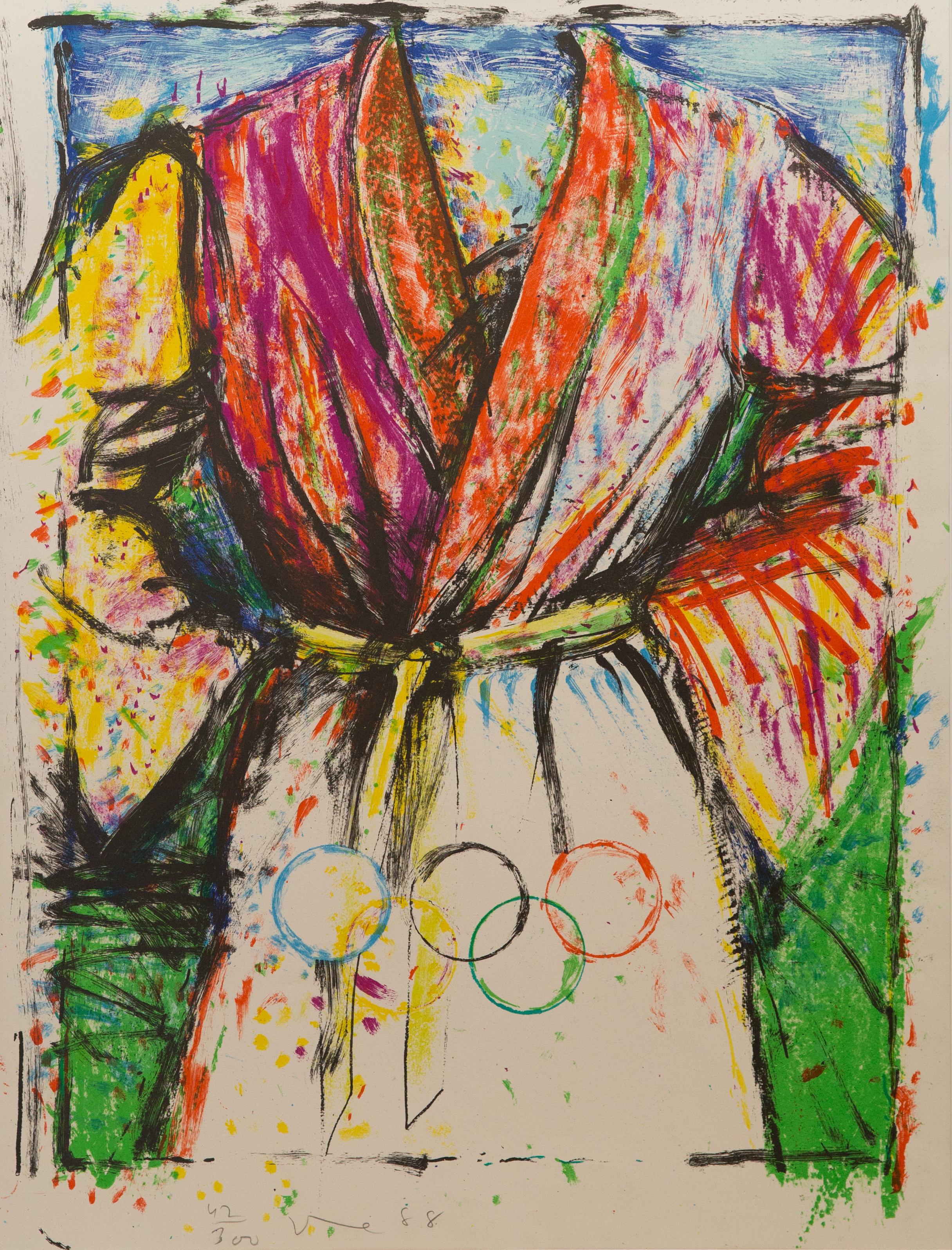 Offered is a pencil signed “Olympic Robe” lithograph by Jim Dine, dated 1988 created in honor of the Olympic Games. Jim Dine is a major post-war artist. Dine's name has been inextricably linked with the Pop Art movement, but his diverse body of work