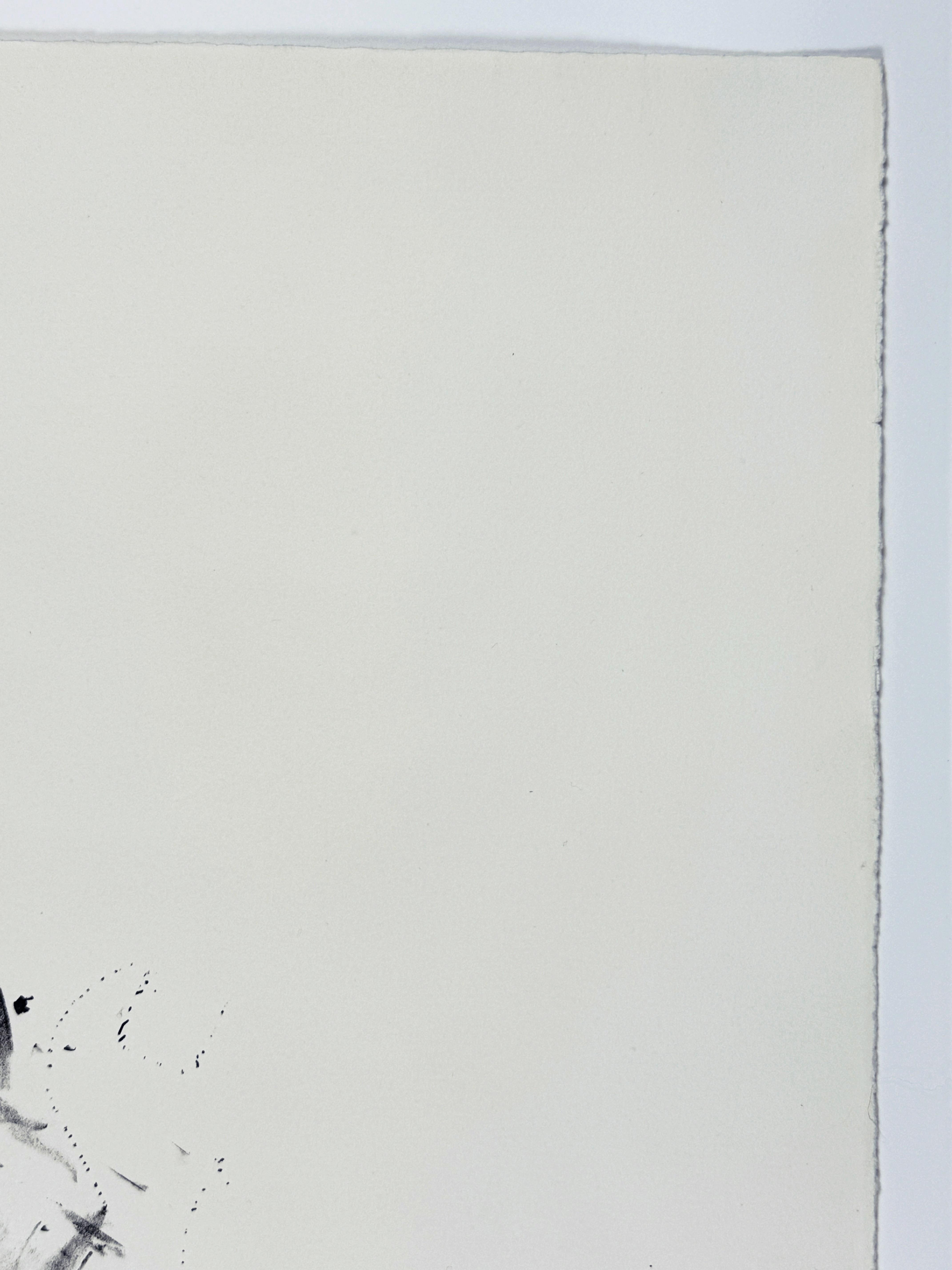 Iconographie classique des outils de Jim Dine tirée de Ten Winter Tools, 1973, cette lithographie en noir et blanc représente une clé à molette esquissée dans ses grandes lignes, en détail, puis en silhouette avec une ligne pointillée à peine