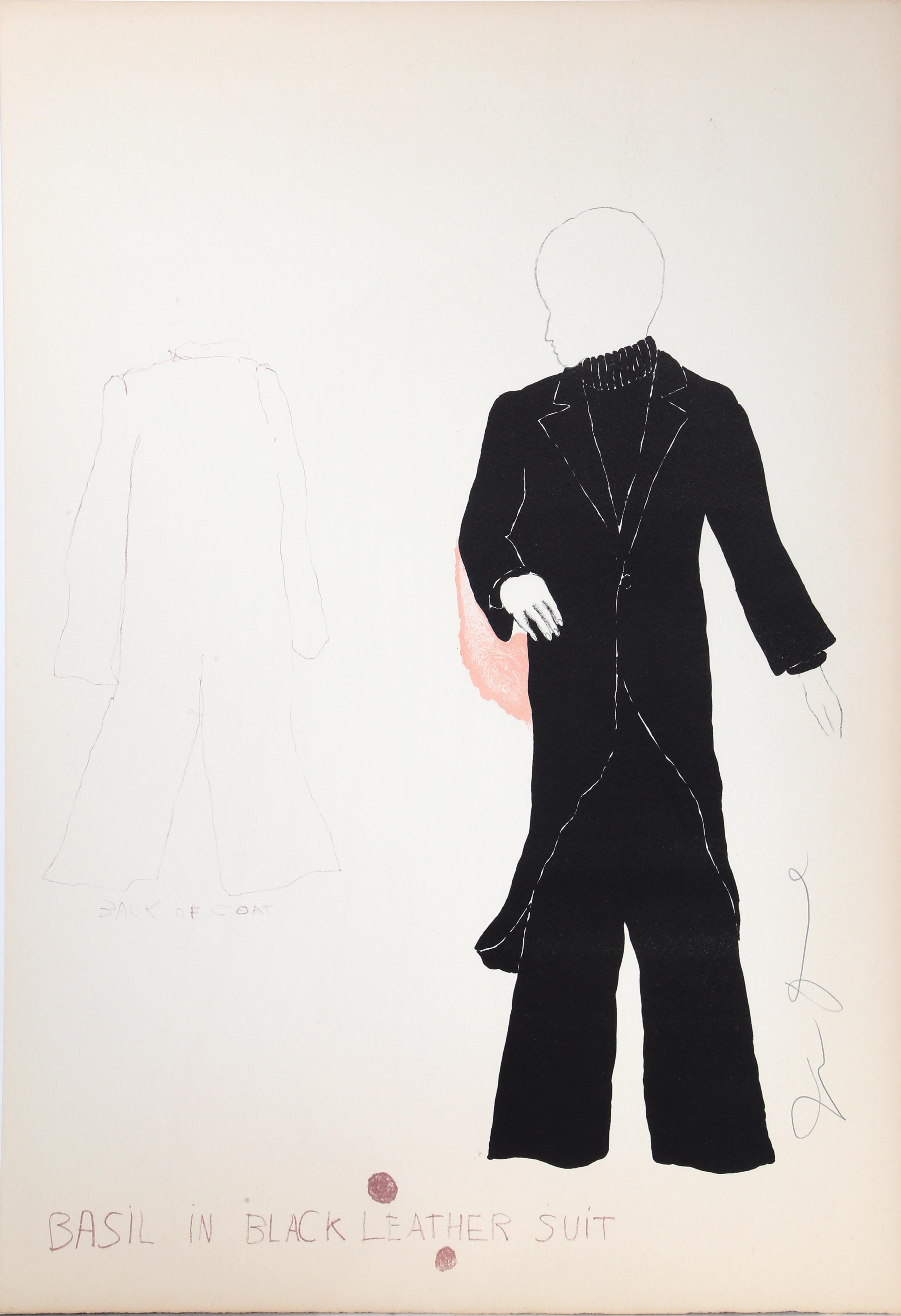 A lithograph by Jim Dine depicting a figure standing off to one side, looking down. Below them, the text reads "Basil in black leather suit" in all capital letters. This print is signed in pencil by the artist.

Basil in Black Leather Suit
Jim Dine,