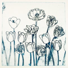 Vintage Blue Tulips by Jim Dine, blue flower etching