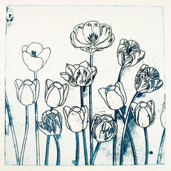 Retro Blue Tulips by Jim Dine, blue flower etching