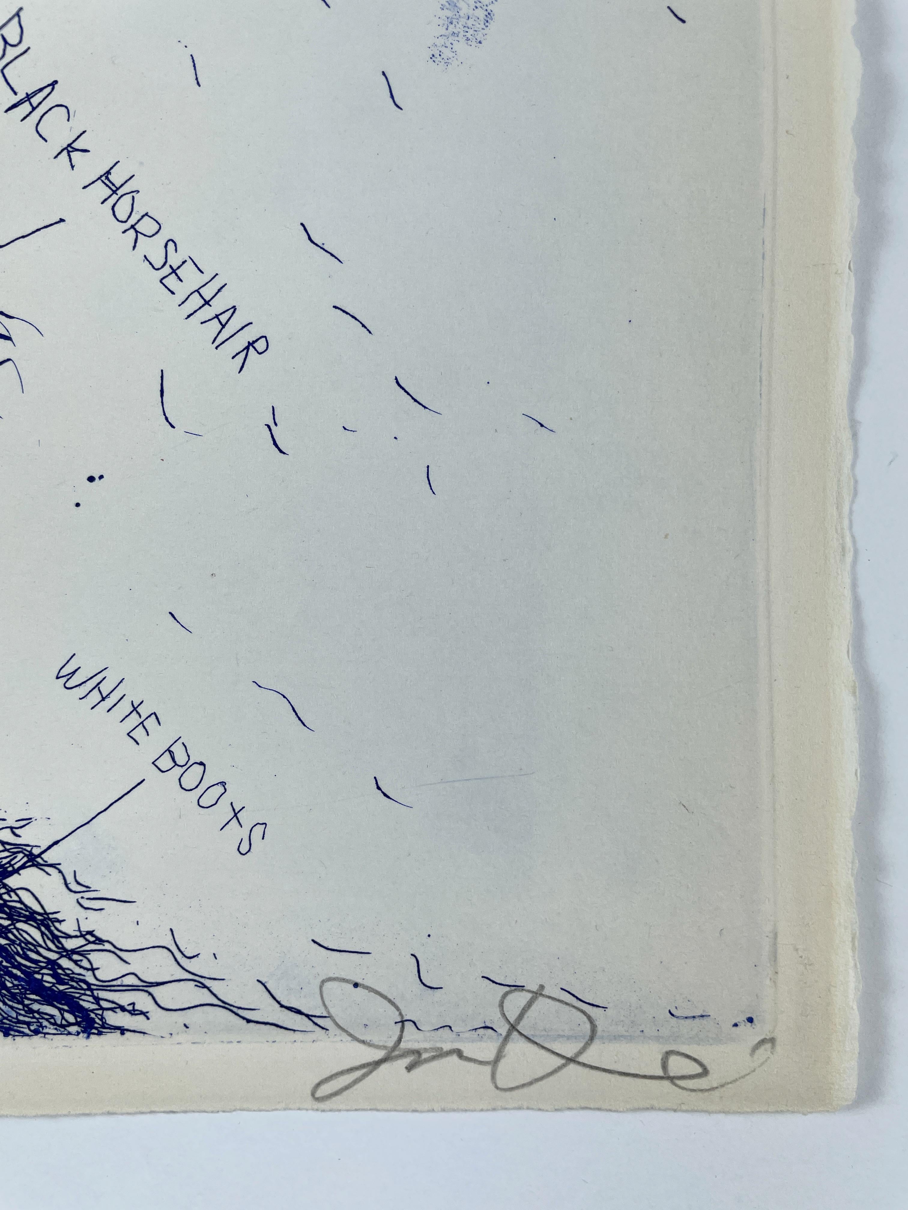 Ce portrait à l'eau-forte surréaliste de Dorian Gray par Jim Dine à l'encre bleue représente le protagoniste littéraire vêtu d'un costume blanc. Son visage est masqué par une masse de cheveux, dont des touffes semblent pousser sur les manches, les