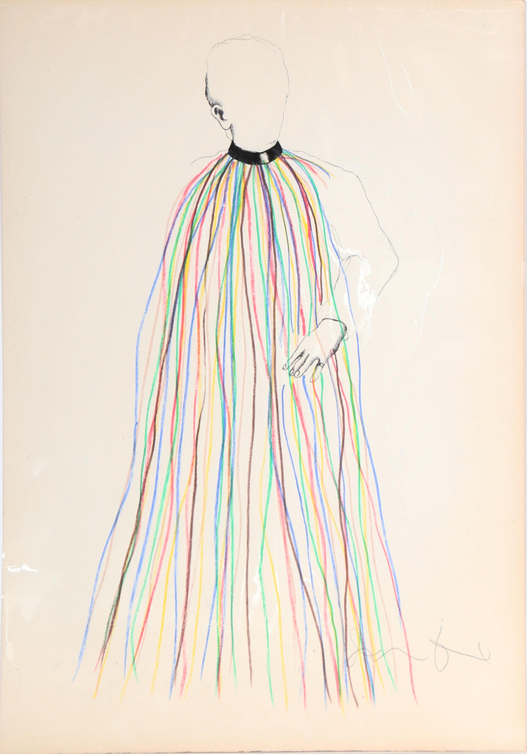 A lithograph by Jim Dine depicting a figure standing in the center of the composition. Although they are faceless, they are ornately decorated in a long dress made of rainbow strings that all meet at a black collar. This print is signed in pencil by