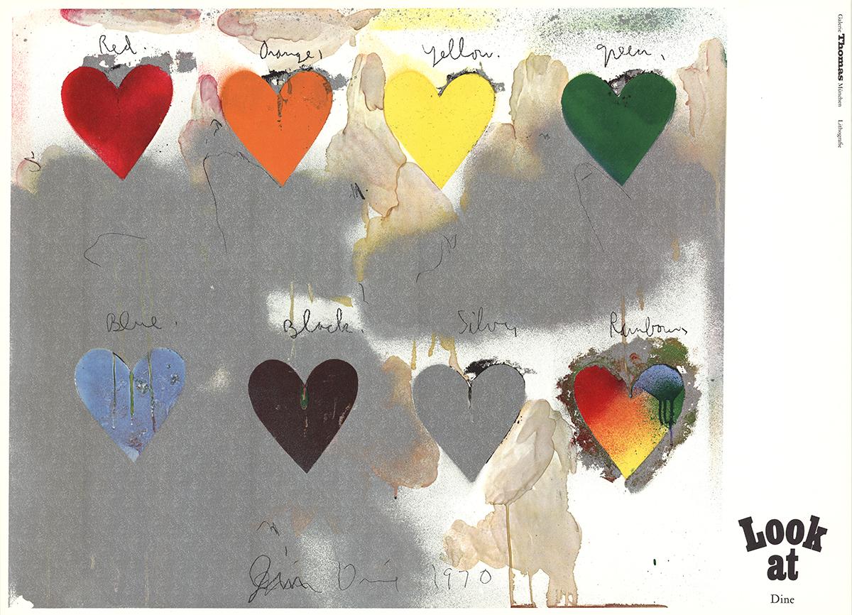Jim Dine Abstract Print - Eight Colorful Hearts