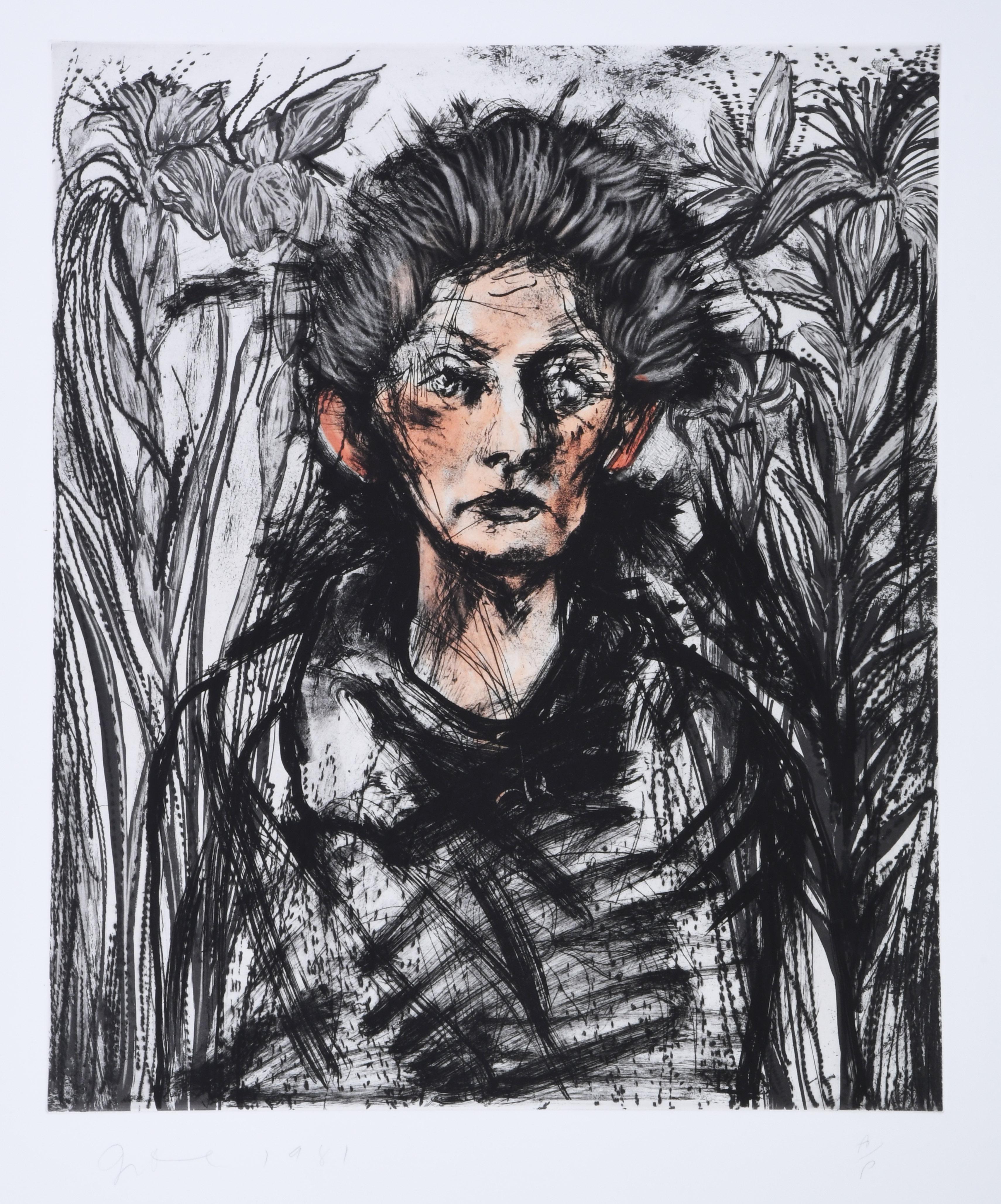 Portrait Print Jim Dine - Célèbre portrait de Nancy, l'épouse de l'artiste, dans leur jardin à la française, tirage limité