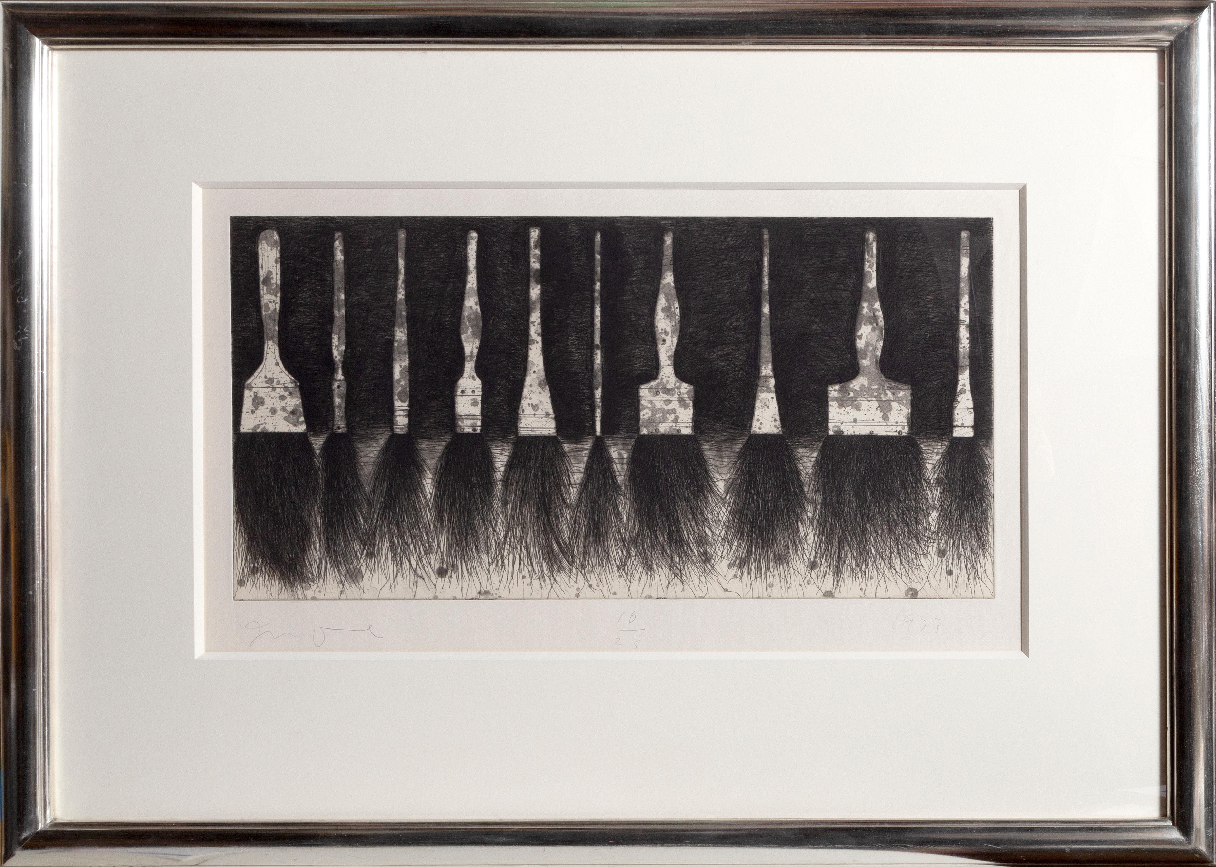 Artist: Jim Dine, American (1935 -  )
Title: Five Paintbrushes
Date: 1973
Medium: Etching, drypoint, and aquatint 
Edition: 16/25
Signature: Signed, numbered, and dated in pencil 
Plate Size: 13.5 x 27 inches
Frame Size: 32 x 44 inches

Sixth state