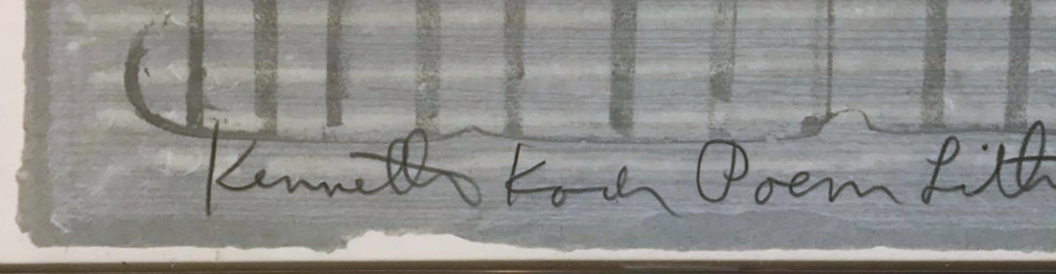 Jim Dine
Hommage de Kenneth Koch (Oh Foulard du Paradis, le ciel bleu est du pain au foulard), 1966
Lithographie en couleurs sur papier vélin gris bleu avec bords lustrés
37 × 24 1/2 pouces
Signé au crayon, numéroté 20/31 et inscrit au recto. Porte