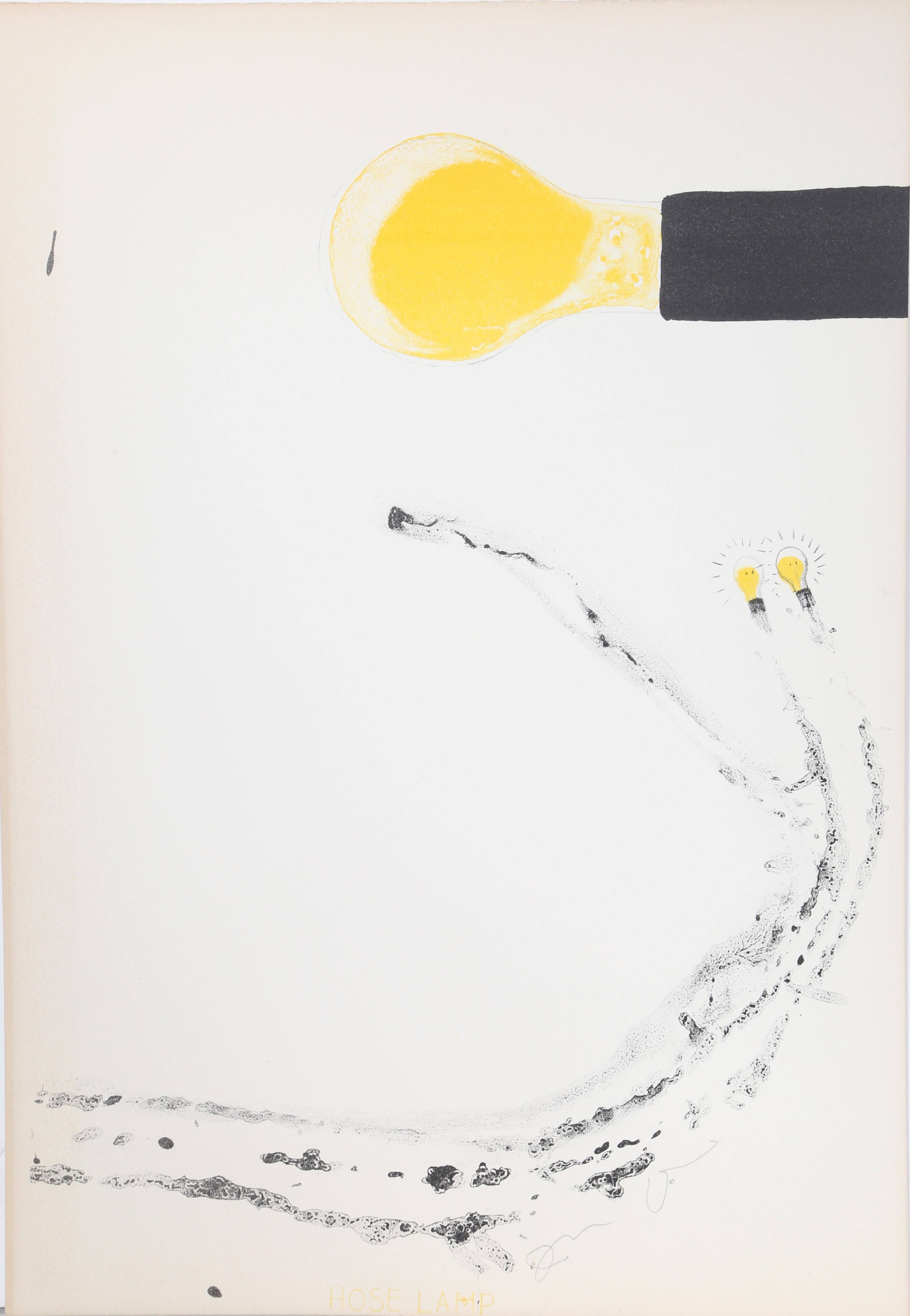 An abstract composition of several long black lines that end with a bright yellow bulb. In the upper right is a more detailed view of one of the bulbs. This lithograph is signed in pencil by the artist.

Hose Lamp
Jim Dine, American (1935)
Date: