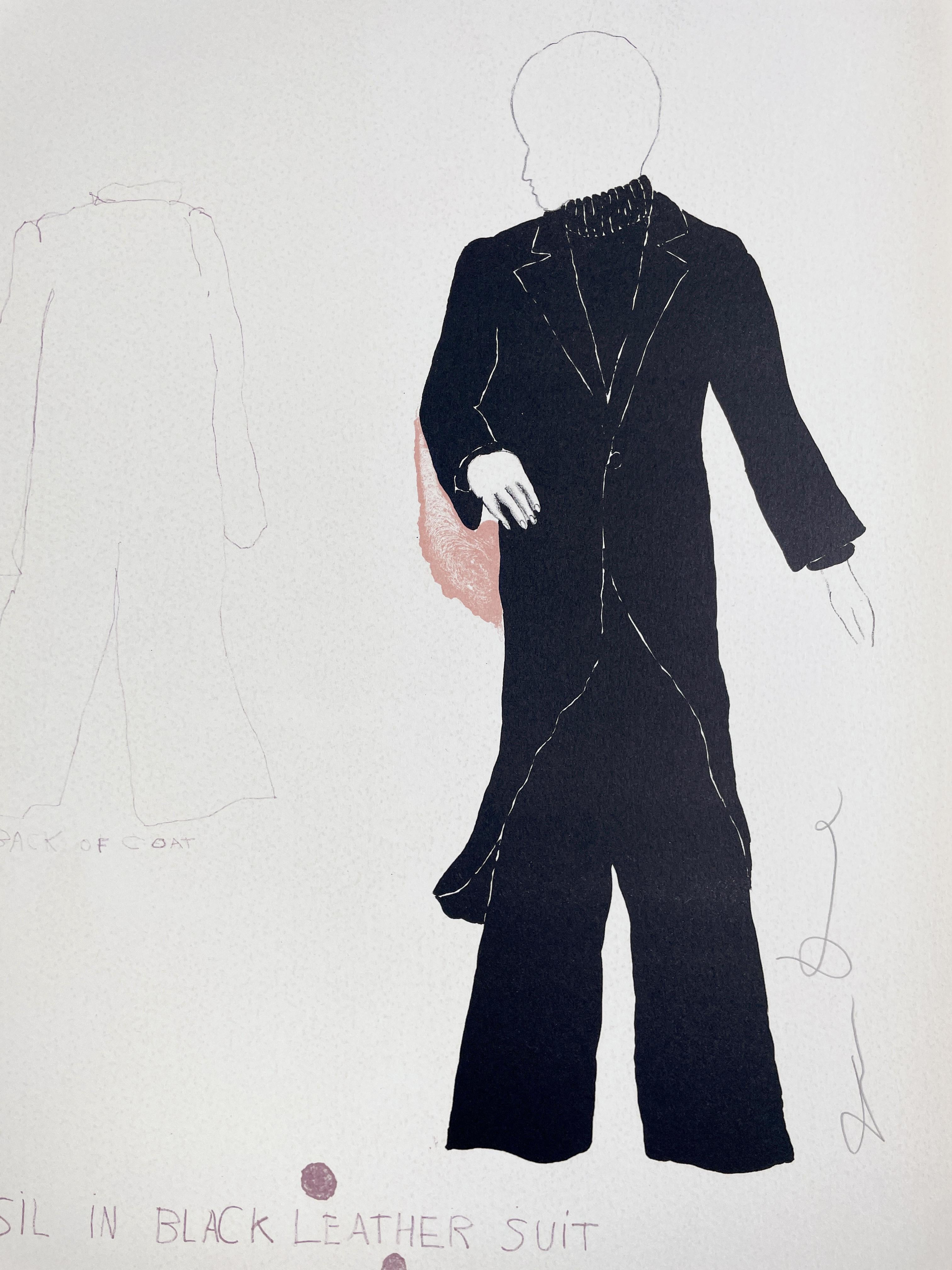 Jim Dine Basil con traje de cuero negro de la moda de "El retrato de Dorian Gray