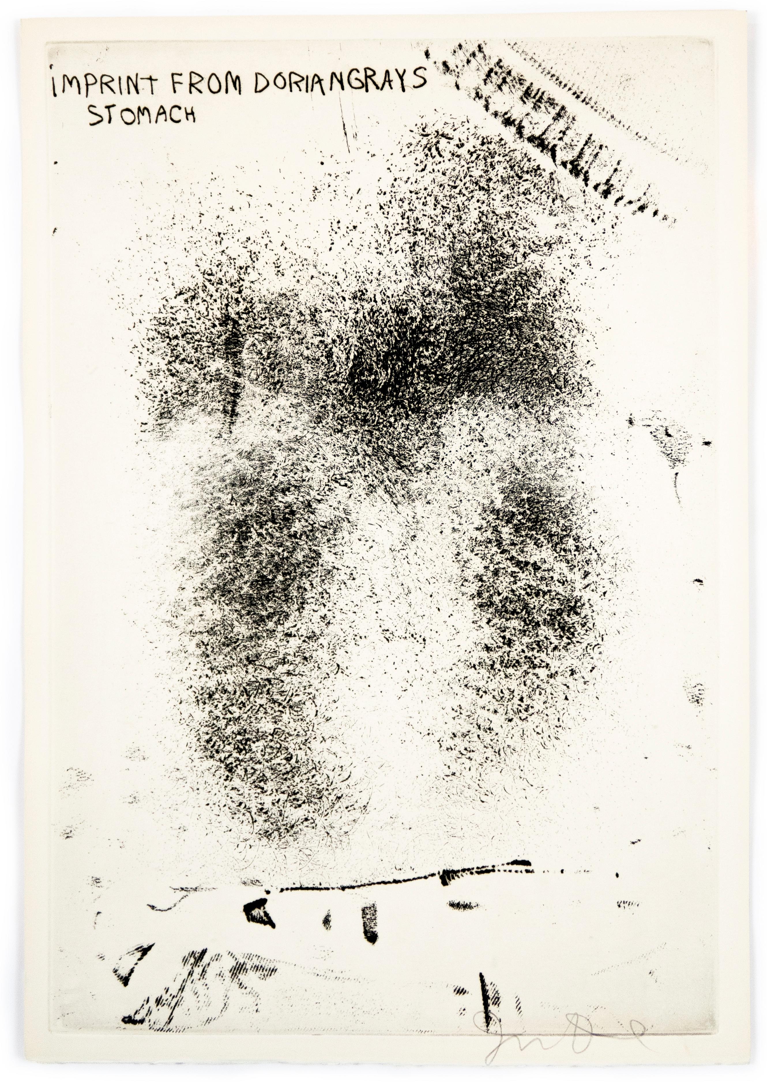This humorous black and white Jim Dine etching features what is ostensibly the imprint of an inked stomach. Around the print, black marks, scribbles, and dots complement the text written at the top of the sheet: “Imprint from Dorian Gray’s