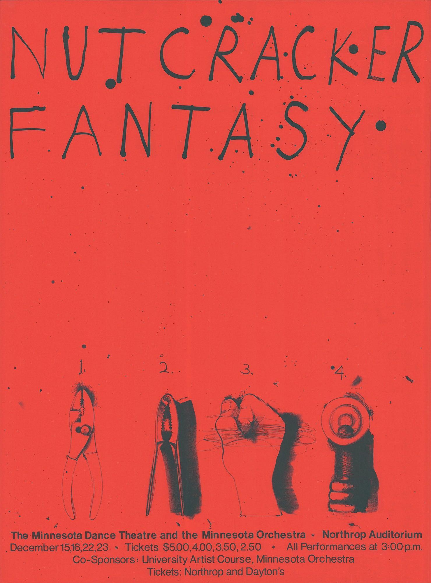 Bold and visually striking poster designed by Jim Dine for the production Nutcracker Fantasy, presented by The Minnesota Dance Theatre and The Minnesota Orchestra at the Northrop Auditorium. Dine reimagines the classic holiday ballet with his