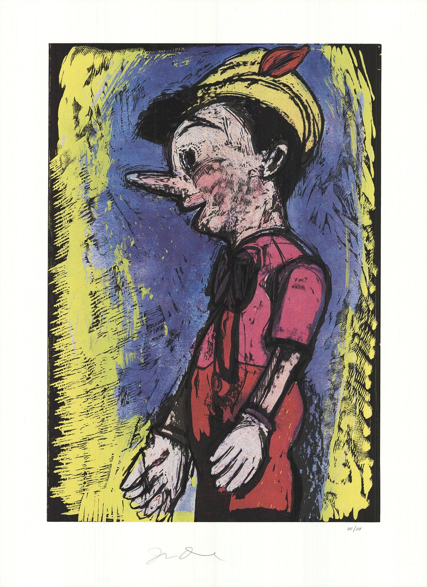 Paper Size: 33 x 24.5 inches ( 83.82 x 62.23 cm )
Image Size: 30 x 21 inches ( 76.2 x 53.34 cm )
This fascinating piece of artwork by Jim Dine titled "Pinocchio," features a seven-color silkscreen and woodcut print. The dimensions of the paper and