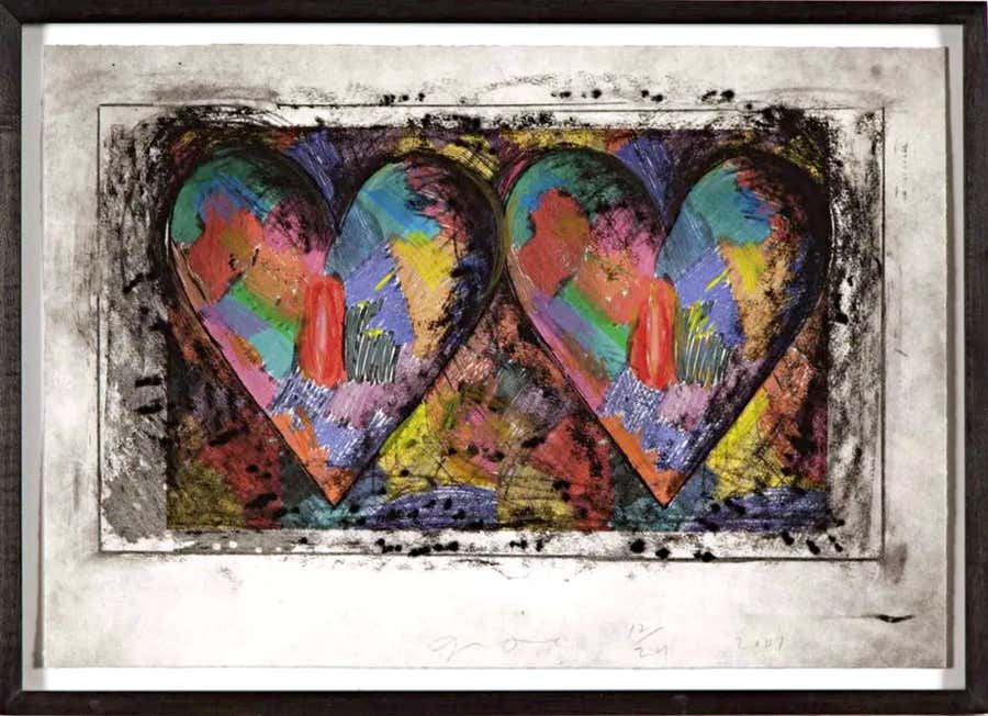 Jim Dine - print with hand coloring in oil stick, Signed, Framed, unique variant