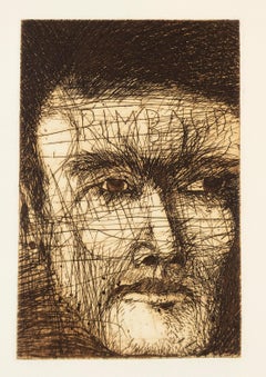 Jim Dine Rimbaud, the Coffee Exporter poet portrait drawing in earth tone sepia