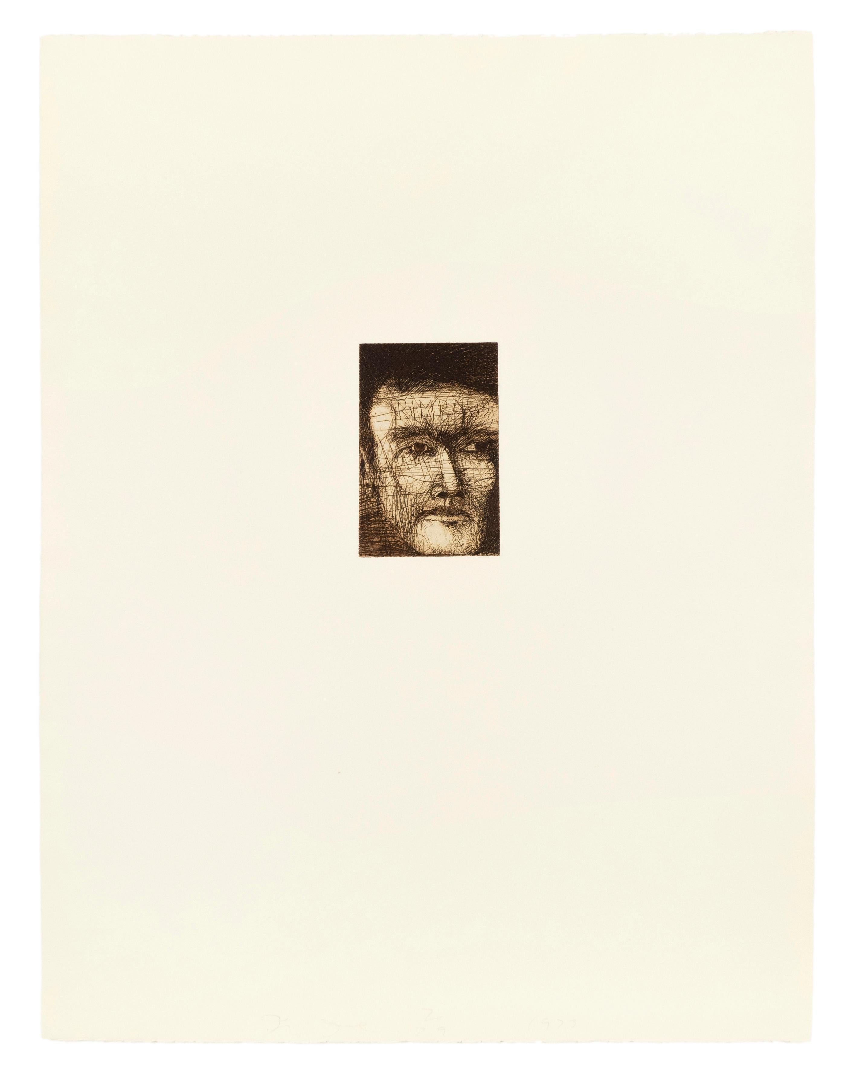 Jim Dine has expertly sketched the accomplished French poet and coffee trader Arthur Rimbaud. A vignette of dark brown surrounds his thin, fine features, which are defined with a flurry of lines and crosshatching. Rimbaud’s etched features, scruffy