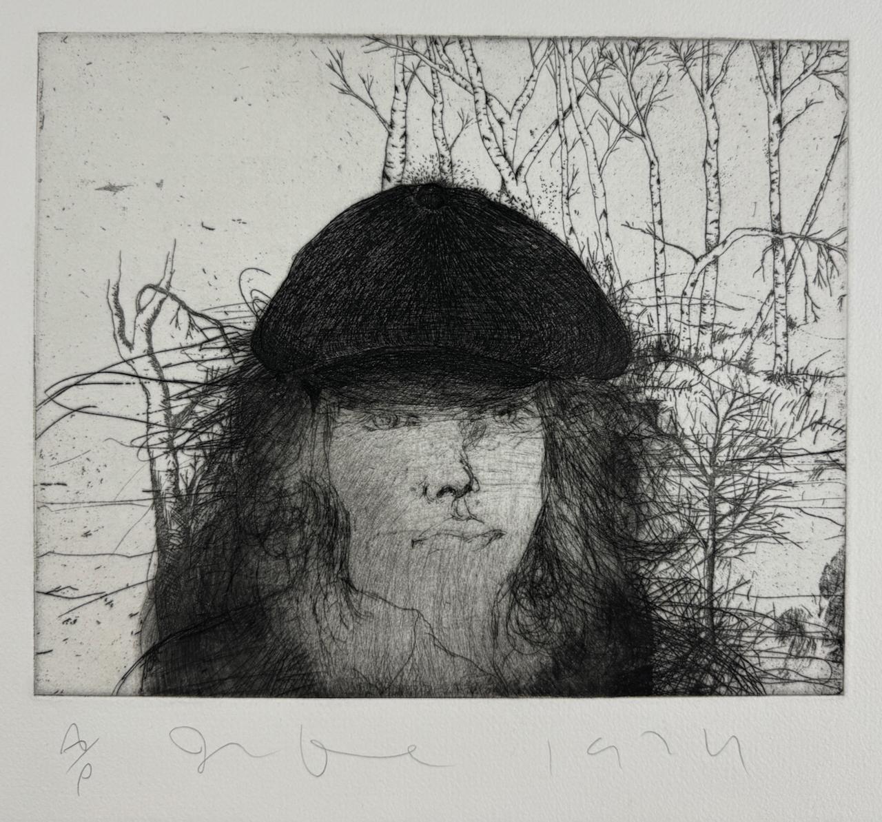 Autorretrato con gorra plana (maleza) cuarto estado 1974
Aguafuerte en negro sobre papel Apta 501
placa 25,4 x 31,4 cm / 10 x 12⅜ pulg. 
papel 66,0 x 50,8 cm / 26 × 20 pulg.
Edición 38 con 14 Pruebas de Artista
este ejemplar es una prueba de