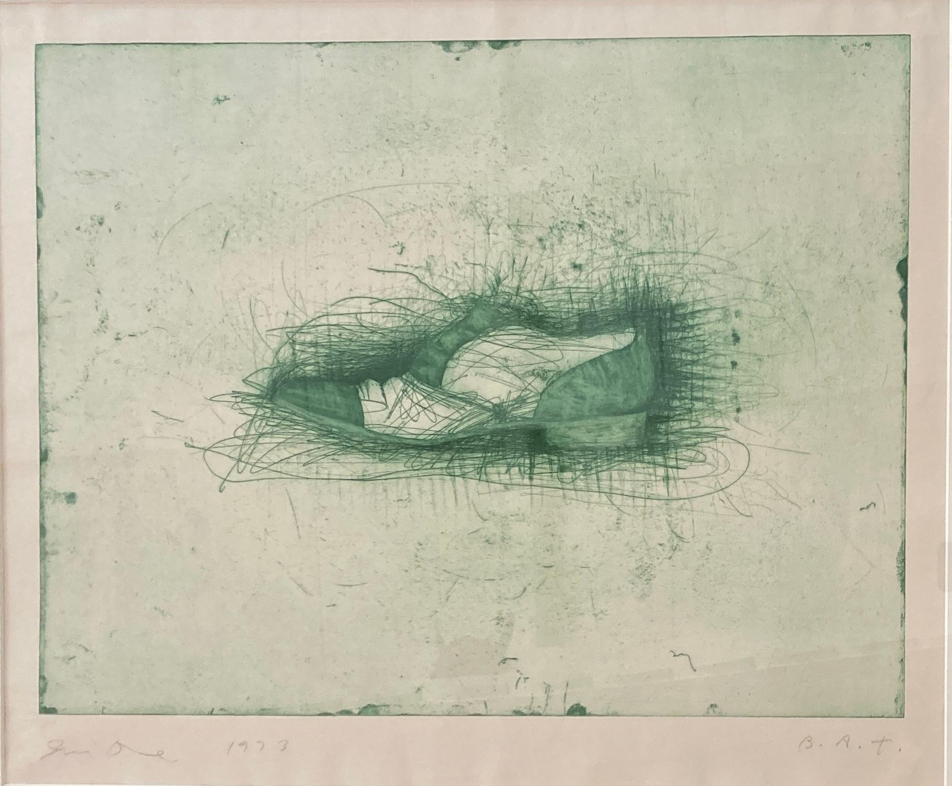 Jim Dine (American, born 1935)
Shoe (second state of 3) (WC.104), 1973
Color etching on Japanese laid paper
Signed in pencil
Dated and annotated 'B.A.T.' (bon a tirer), aside from the edition of 30 
Published/printed by Petersburg Press/Hartmut