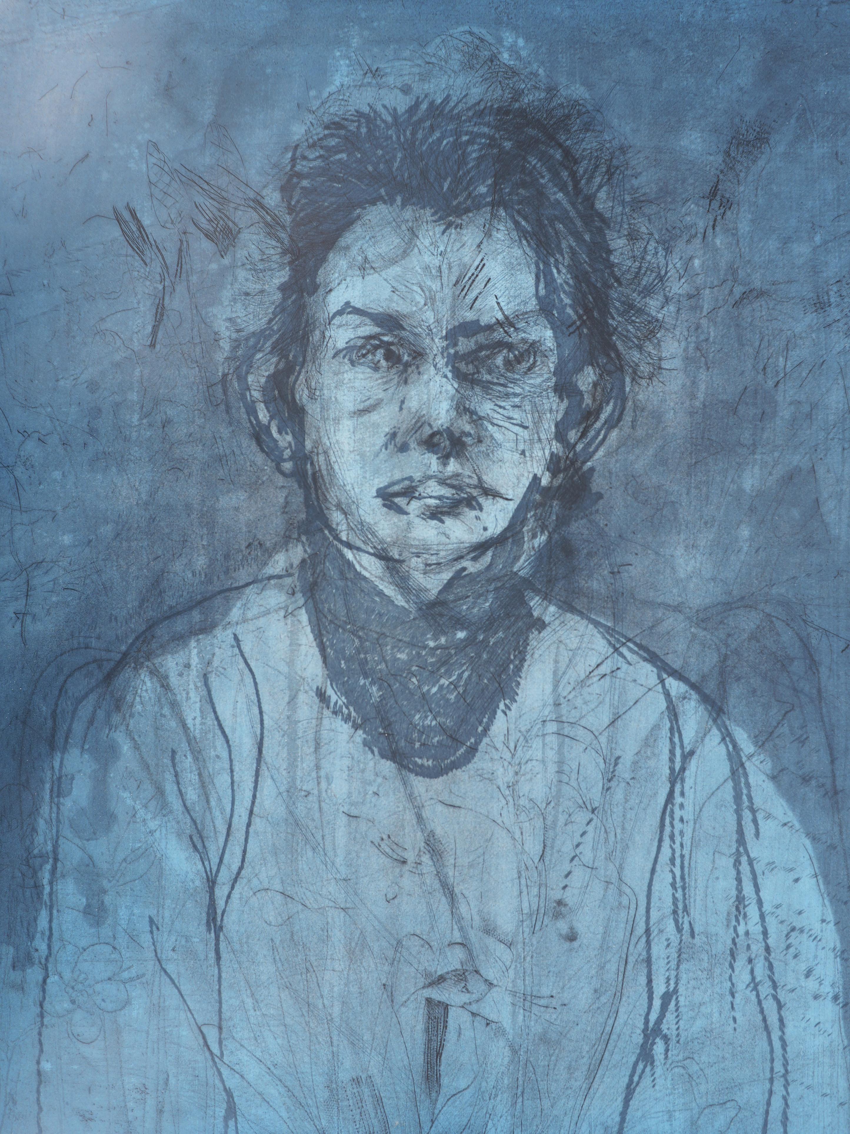 Nancy al aire libre en julio XIV (Lucha con espíritus) - Grabado original firmado a mano - Portrait Print Azul de Jim Dine