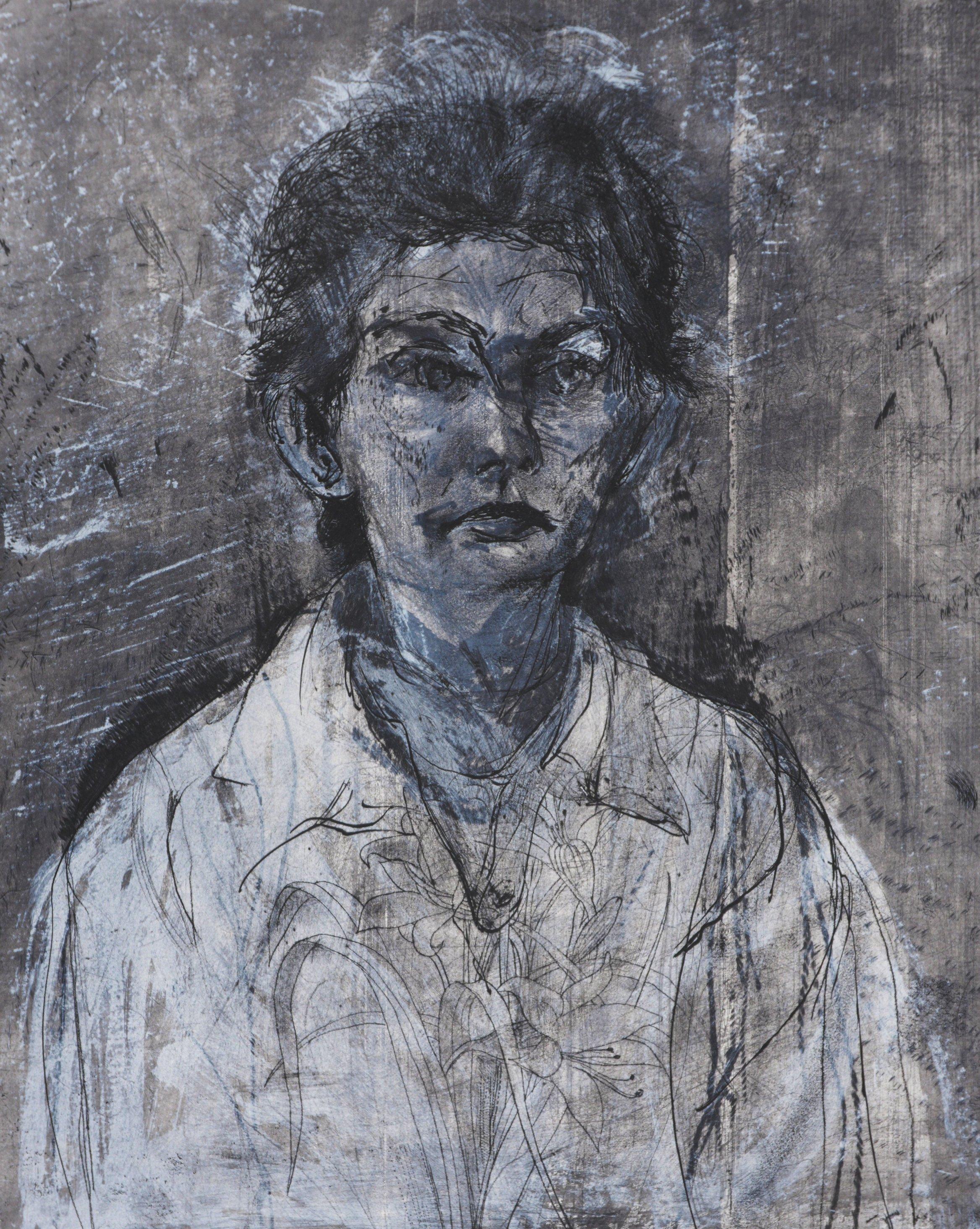 Nancy outside in july XXII (Ten Layers of Grey) - Original handsigned etching - Gray Portrait Print by Jim Dine
