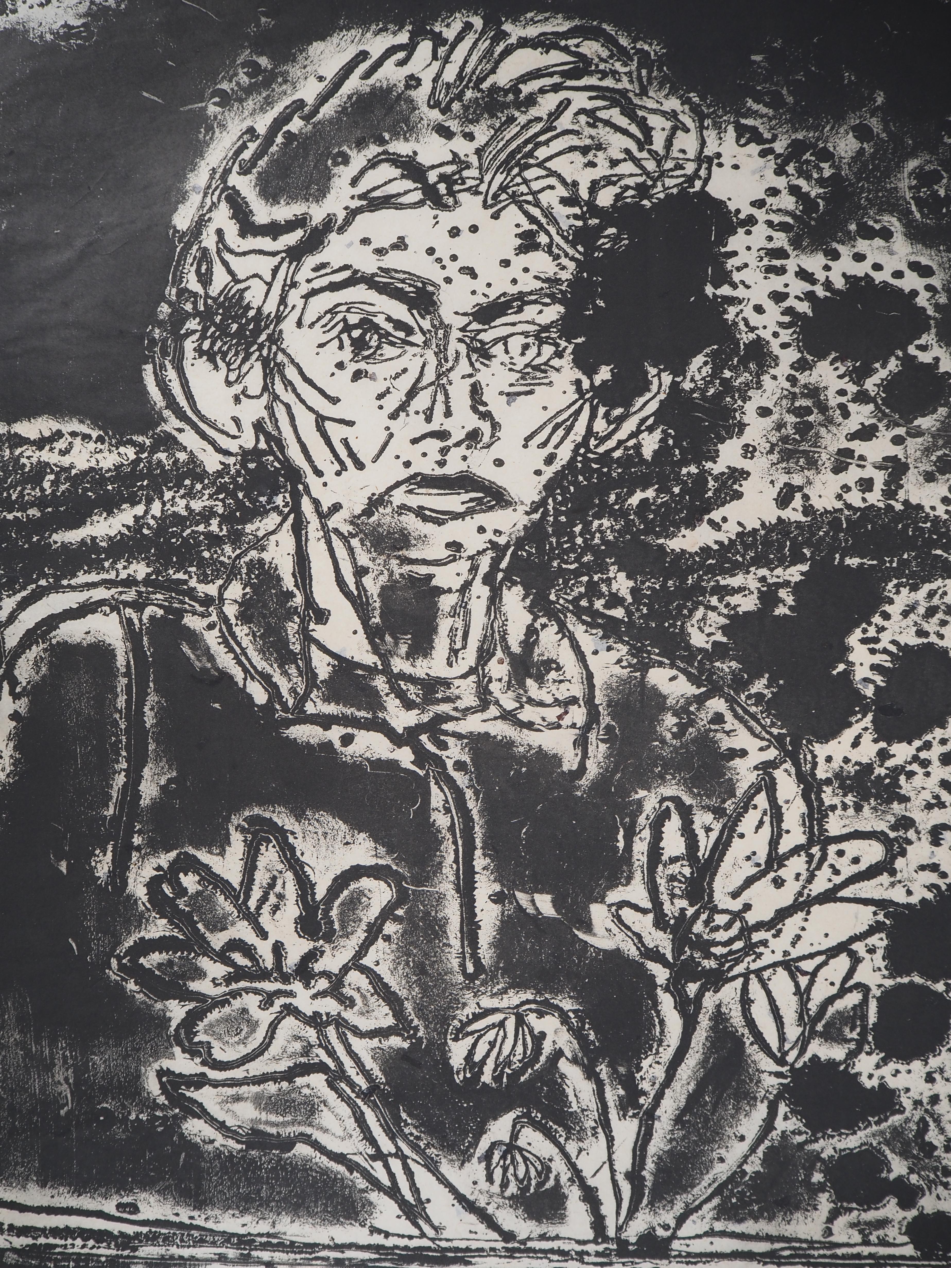 Nancy outside in july XXIII - Original handsigned etching - Black Portrait Print by Jim Dine