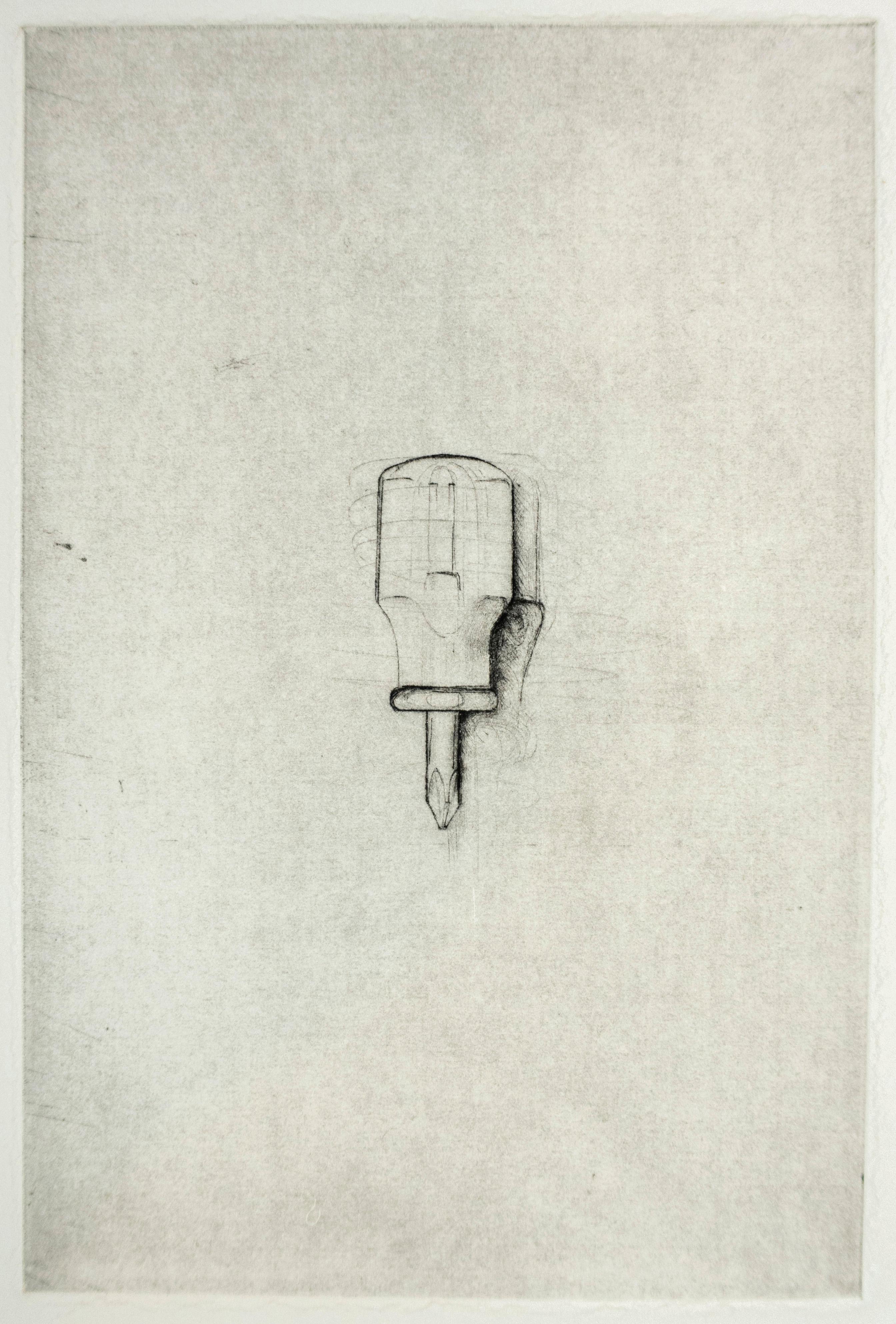L'outil à main est sans doute le motif le plus emblématique de Jim Dine. Minutieusement catalogués en rangs comme des spécimens scientifiques ou esquissés individuellement, marteaux, alènes, brosses, scies et tournevis revêtent un symbolisme