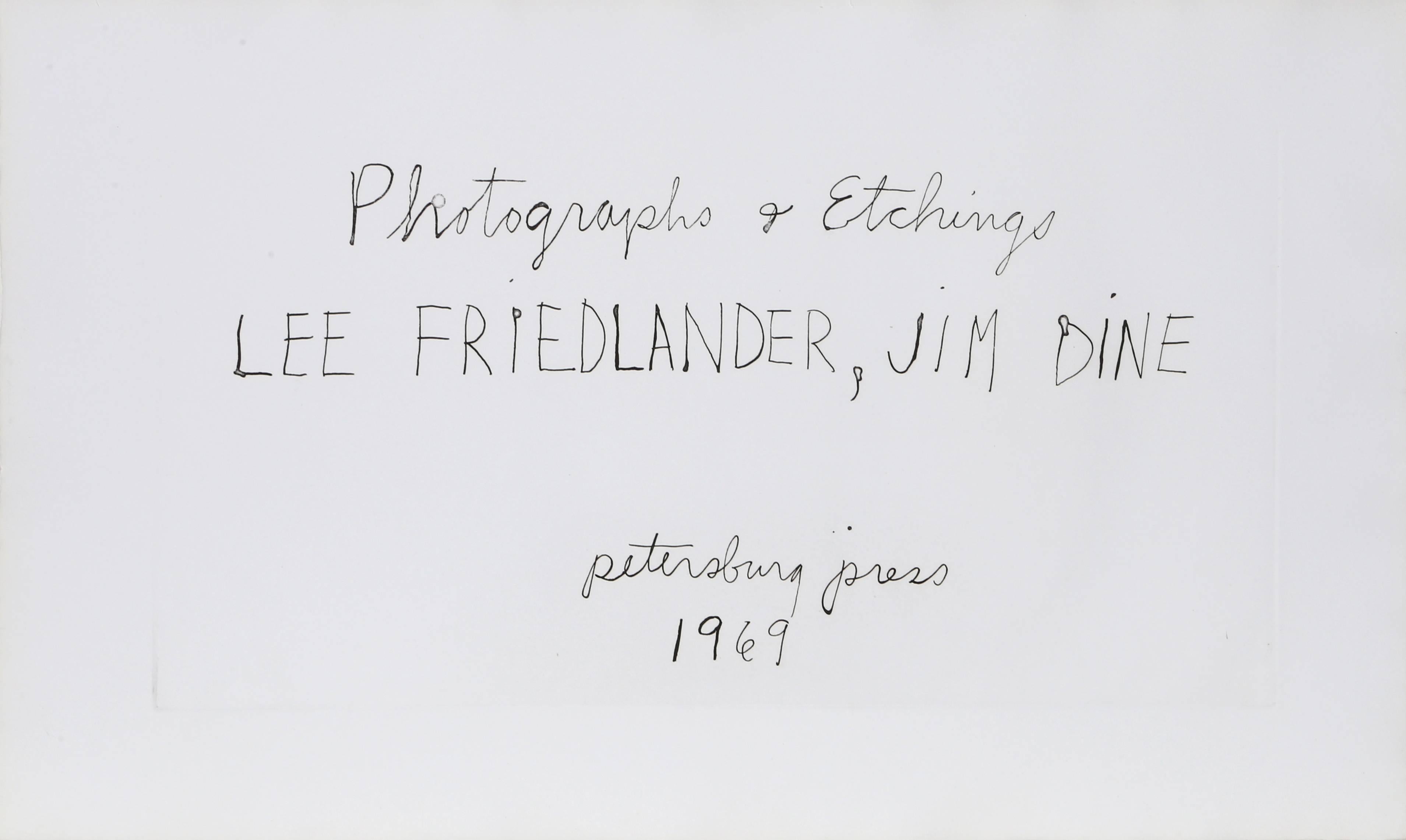 Artist: Jim Dine, American (1935 - ) and Lee Friedlander, American (1934 - )
Title: Photographs and Etchings
Year: 1969
Medium: Portfolio of 16 Diptychs of Gelatin Silver Prints and Etchings, each signed in pencil by the artists
Edition: 75, 15 AP,