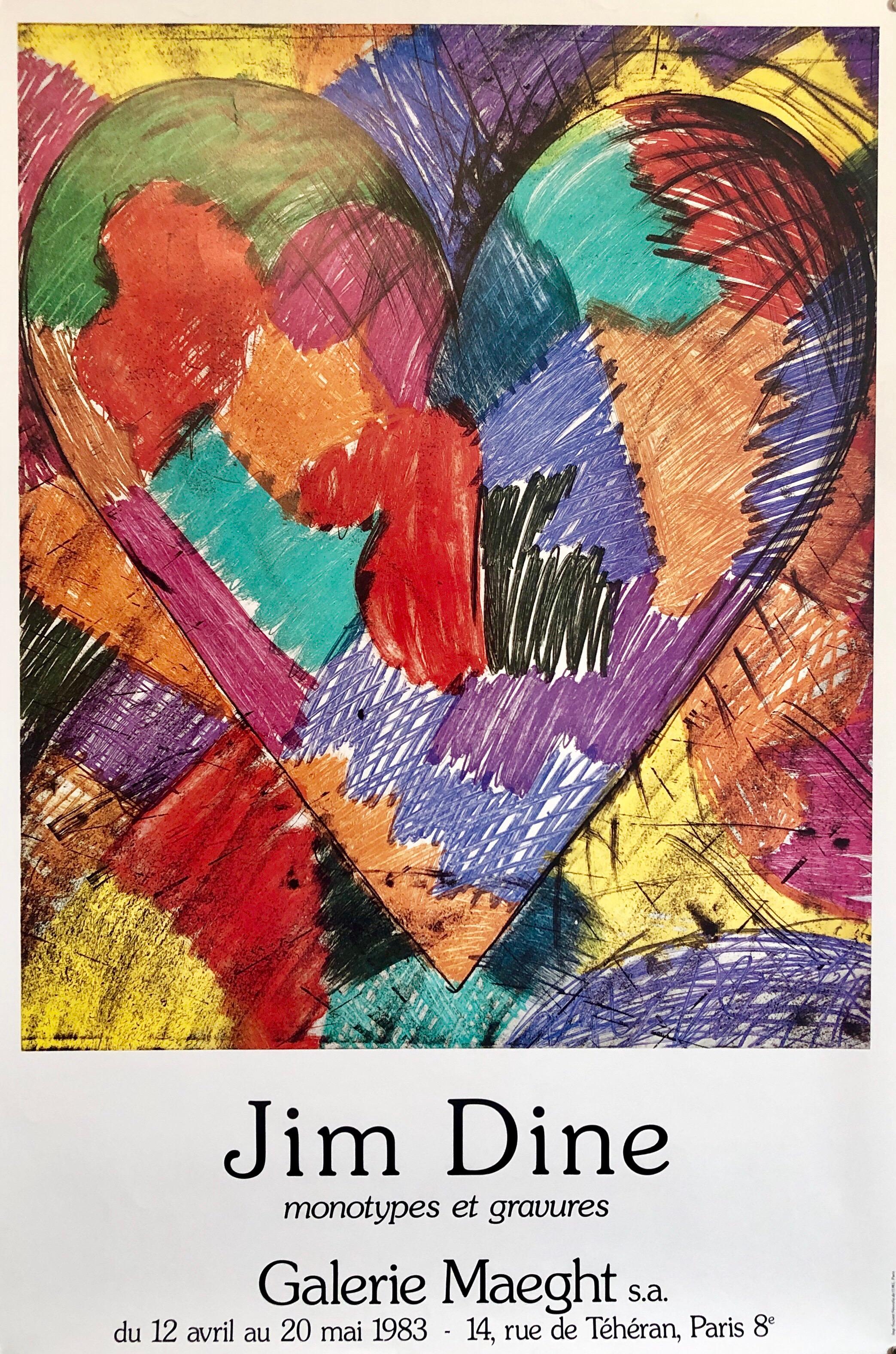 Jim Dine, Monotypes et Gravures, Galerie Maeght, Paris, 1983.
Vintage Offset Lithographie Poster Amerikanische zeitgenössische Pop Art.
Ein bunter Herz-Quilt in einem Regenbogen von Farben.

Jim Dine (geboren am 16. Juni 1935) ist ein amerikanischer