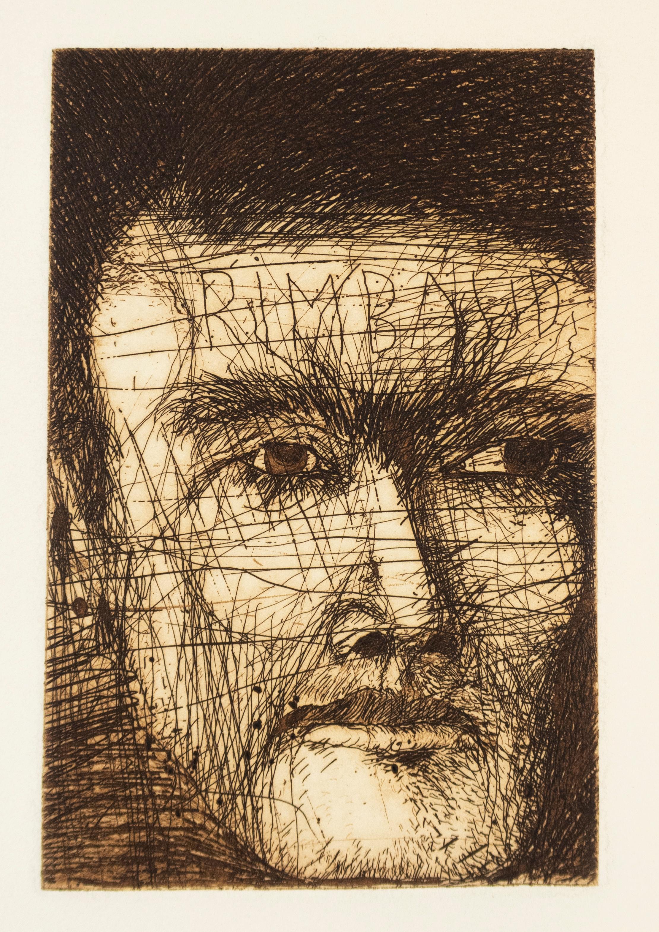 Jim Dine Rimbaud, il poeta esportatore di caffè, disegno ritratto in tonalità seppia.