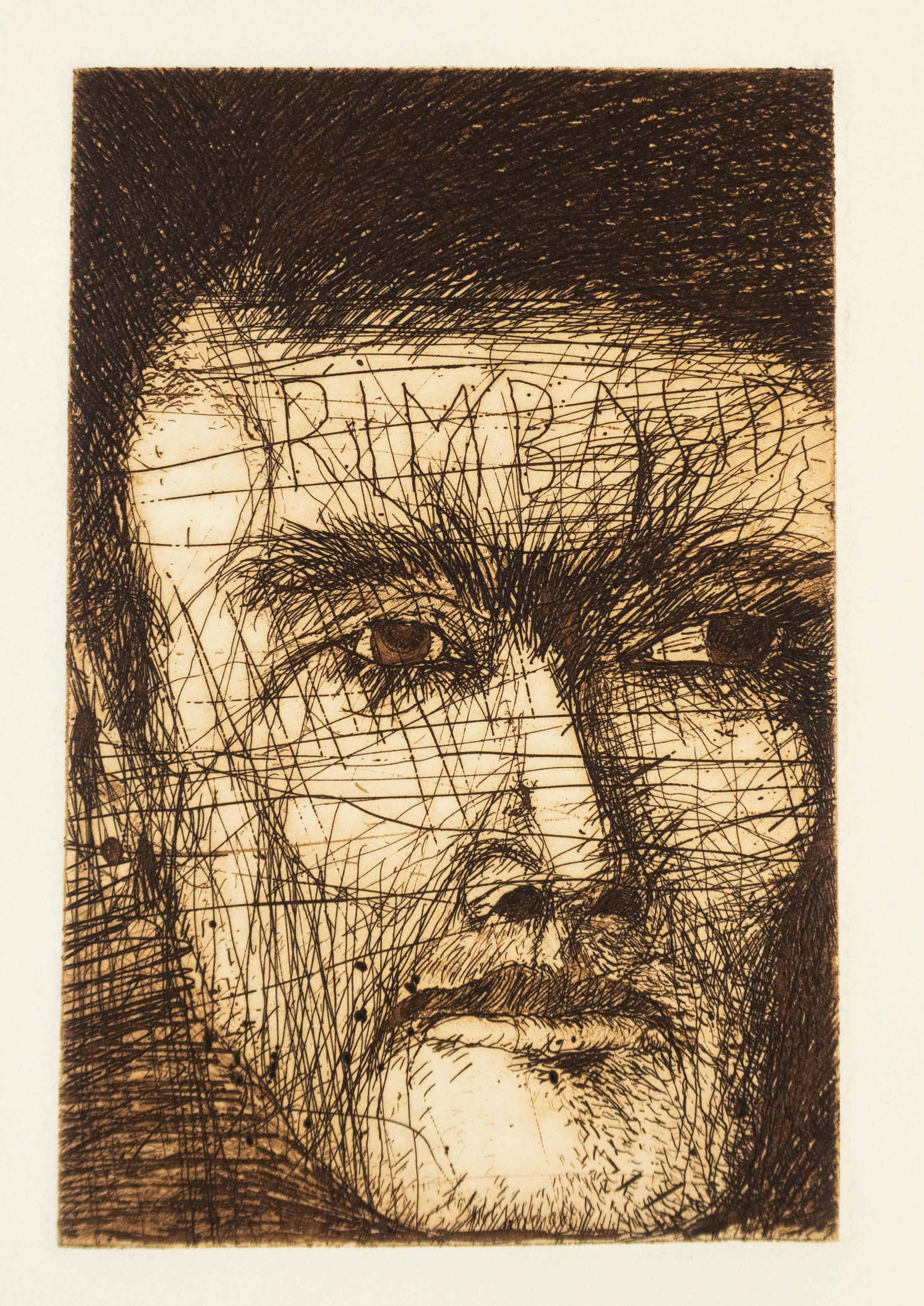 Jim Dine Rimbaud, the Coffee Exporter poet portrait drawing in earth tone sepia 