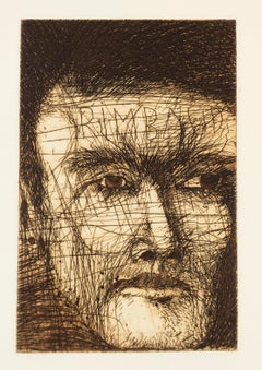 Jim Dine Rimbaud, the Coffee Exporter poet portrait drawing in earth tone sepia 