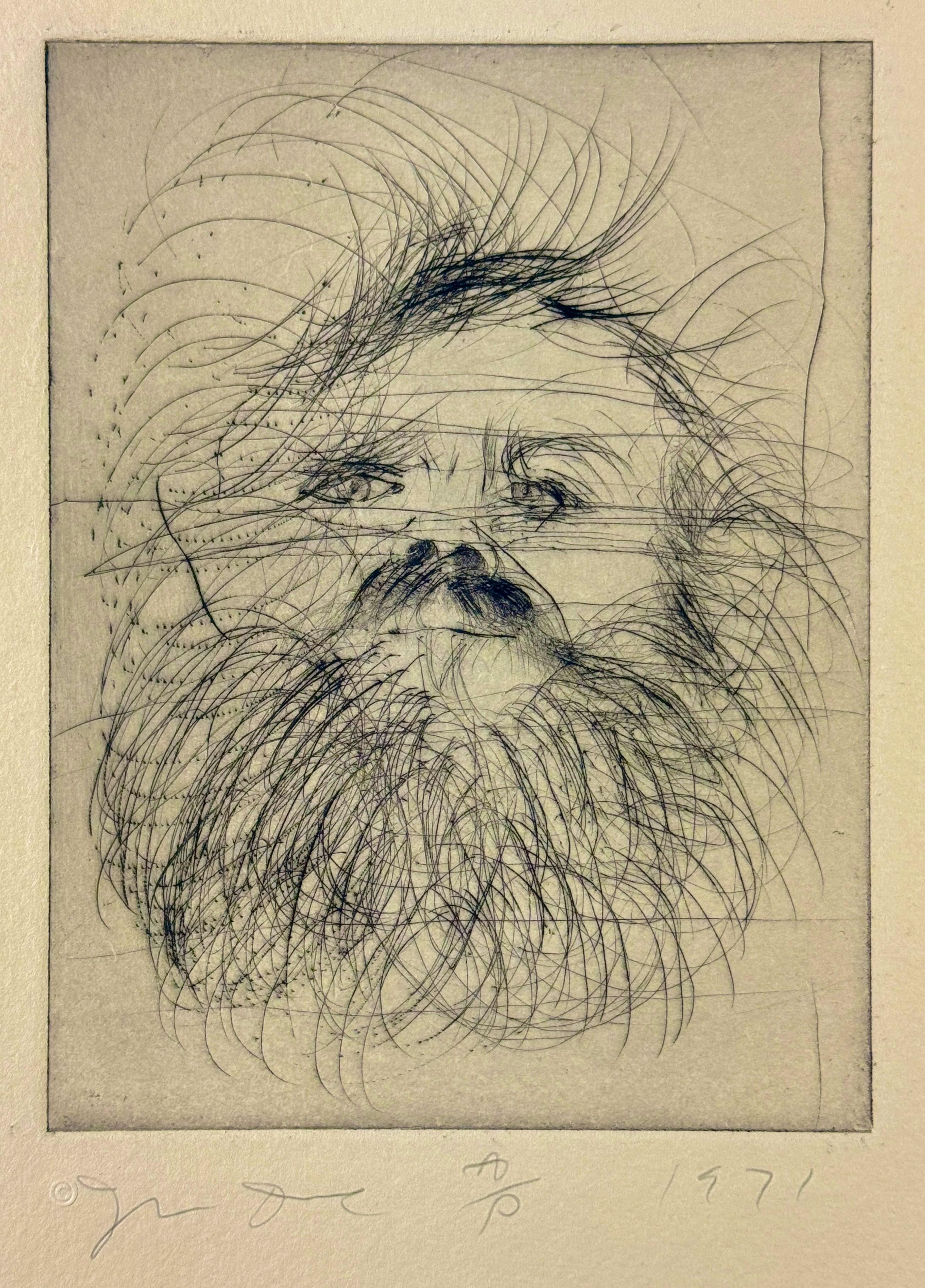 Jim Dine, Self-Portrait 
Kaltnadel auf Hodgkinson Hand Made Tone-Weave Papier
Papier 18 x 14 in. / 46 x 36 cm
Platte 8 x 6 in. / 20 x 15 cm
Platte eins aus Self-Portraits (1971), einer Mappe mit neun Kaltnadelradierungen. Auflage 25 + 5 Probedrucke;