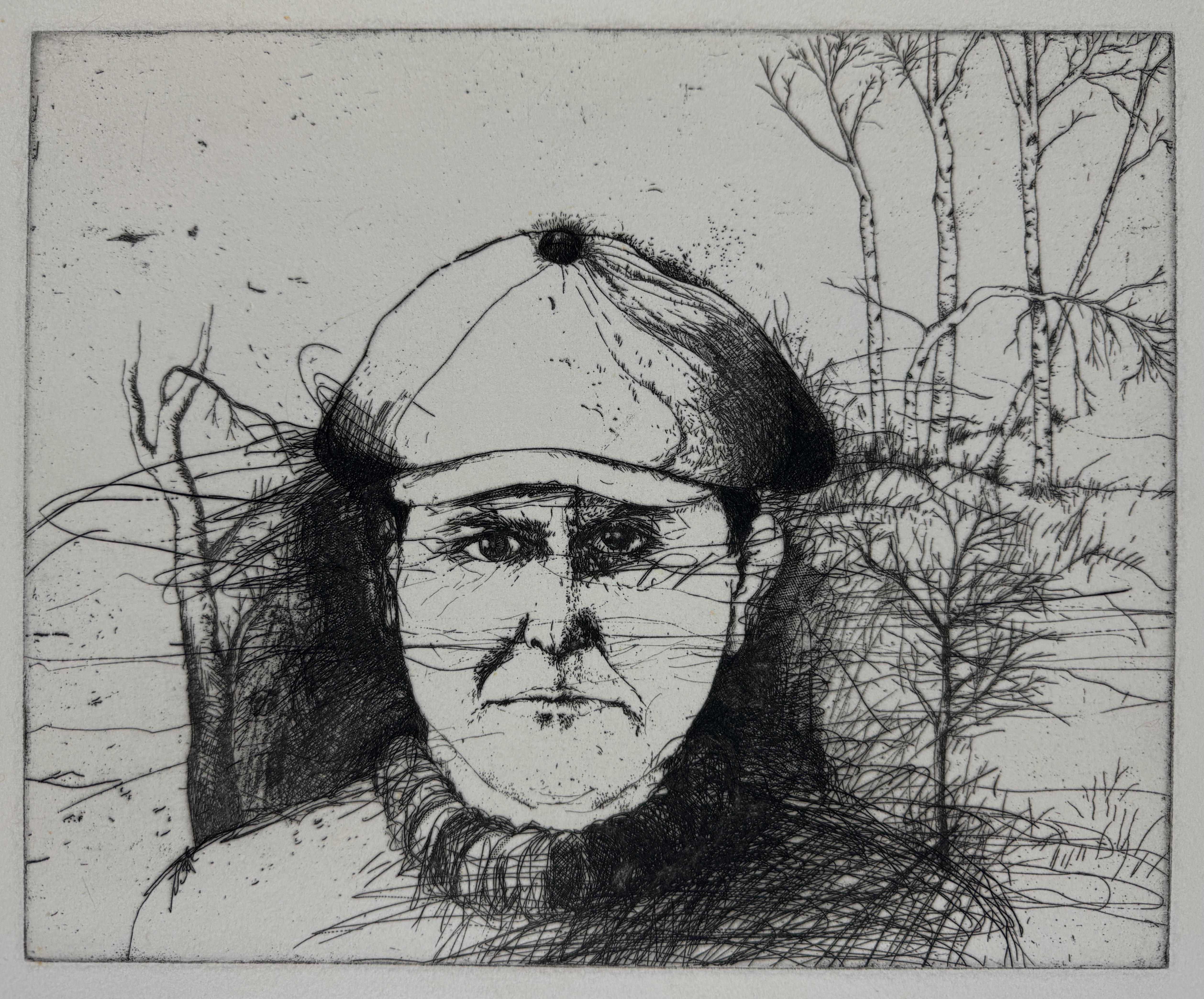 Jim Dine Portrait Print - Self Portrait in a Flat Cap (winter) first state 