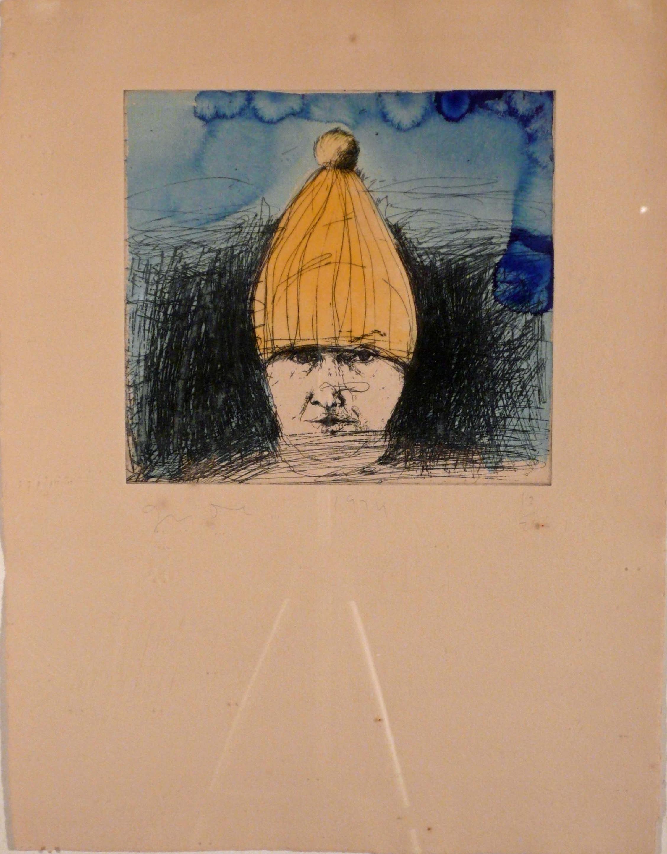 Dine, Jim.  SELF PORTRAIT IN A SKI HAT. Williams College 176-179.
Etchings, 1974. The complete set of four states as published by
Petersburg Press, NY, and printed by Alan Uglow and Winston
Roeth:

First State: Color portrait. Edition of 20 plus 7