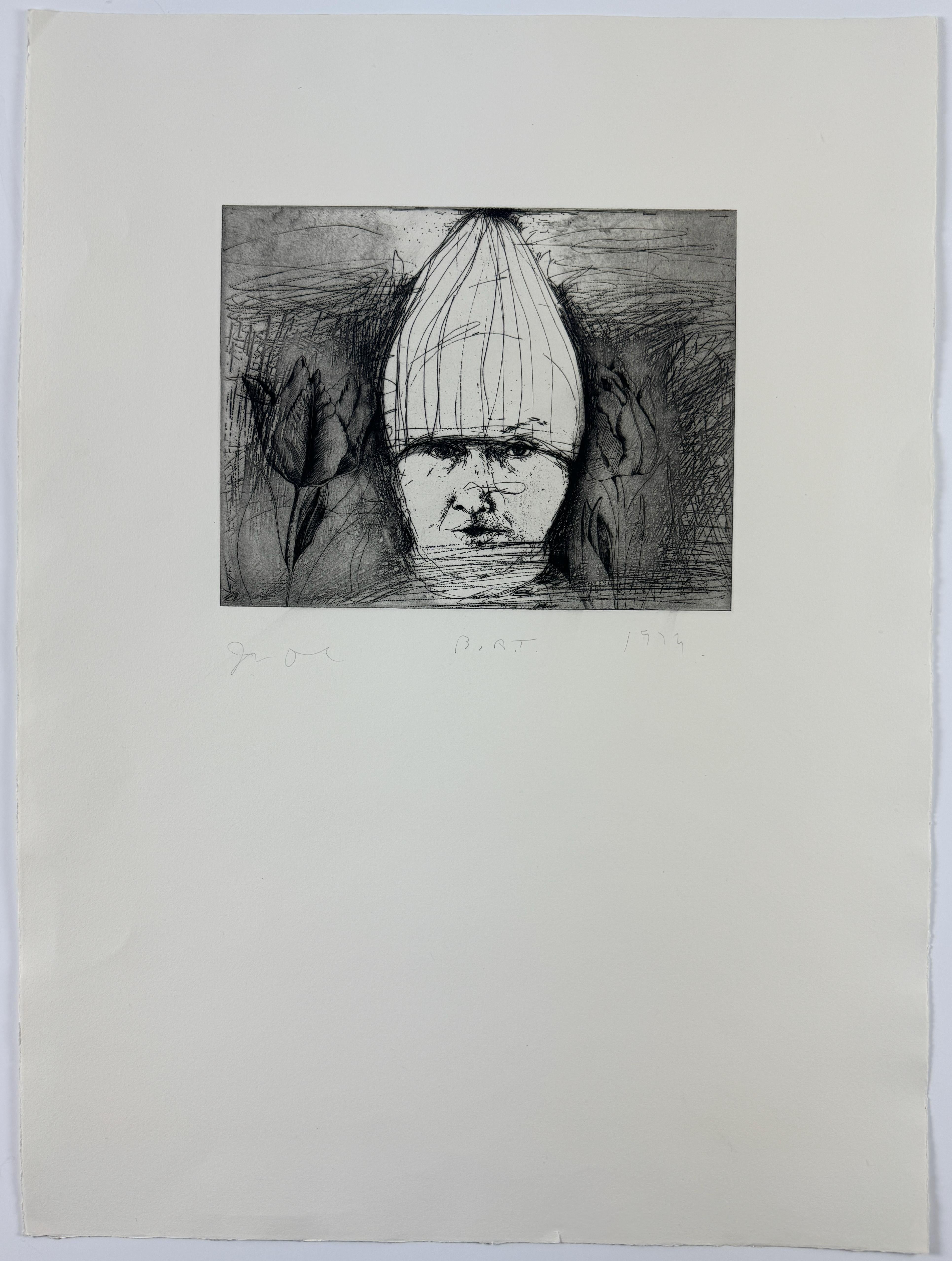 Self-Portrait con cappello da sci (circondato da tulipani) secondo stato di Jim Dine
