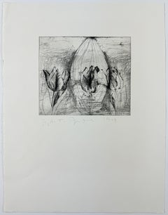 Self Portrait in a Ski Hat (tulips) third state by Jim Dine painted etching