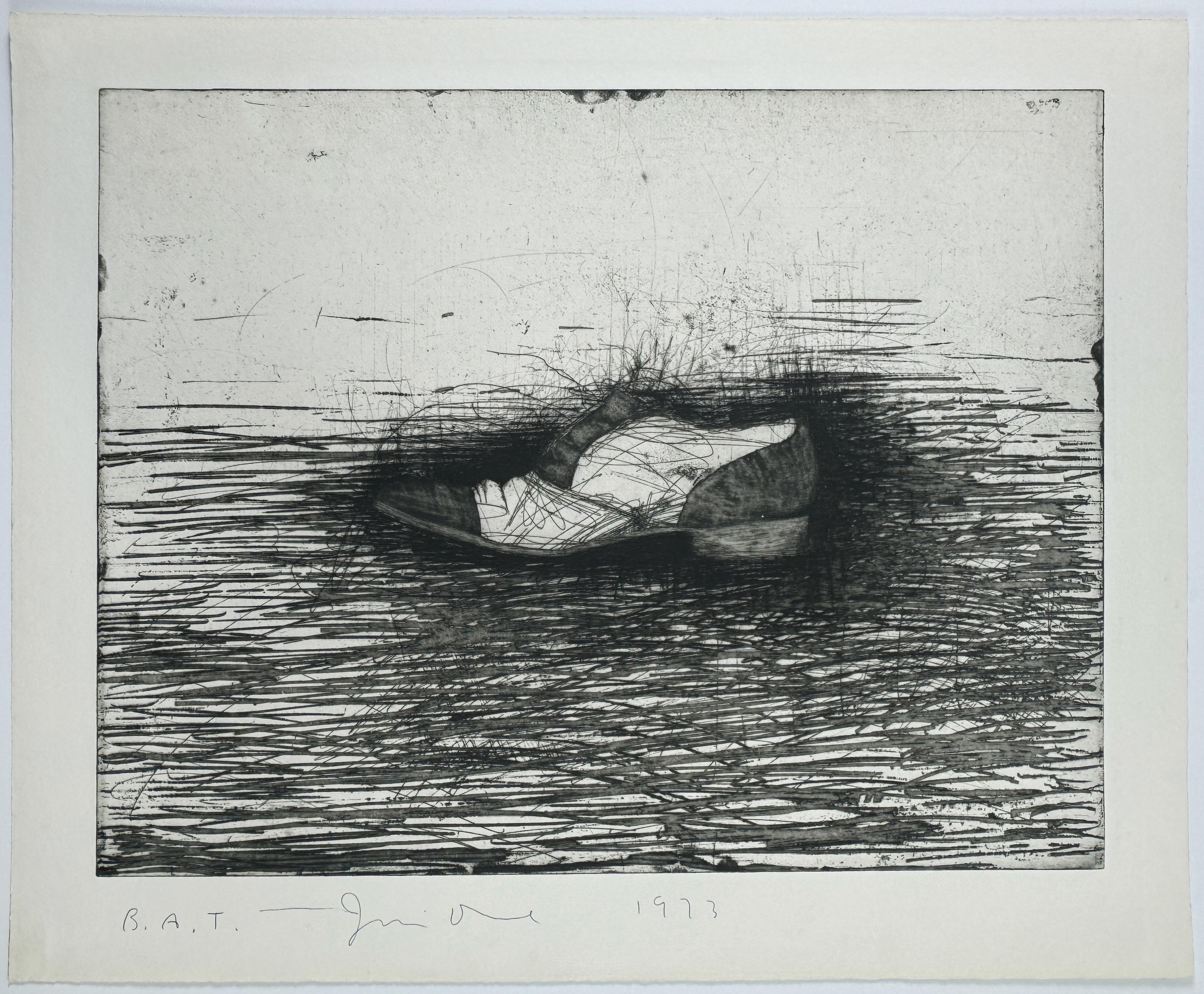 Jim Dine
Zapato (tercer estado) 1973
Grabado de una plancha de cobre de 51 x 66 cm / 20 x 26 pulg.
Impreso en negro sobre hoja de papel Copperplate Deluxe de 56 x 76 cm / 22 x 30 pulg.
Edición de 15 con 4 Pruebas de Artista
Esta copia la
