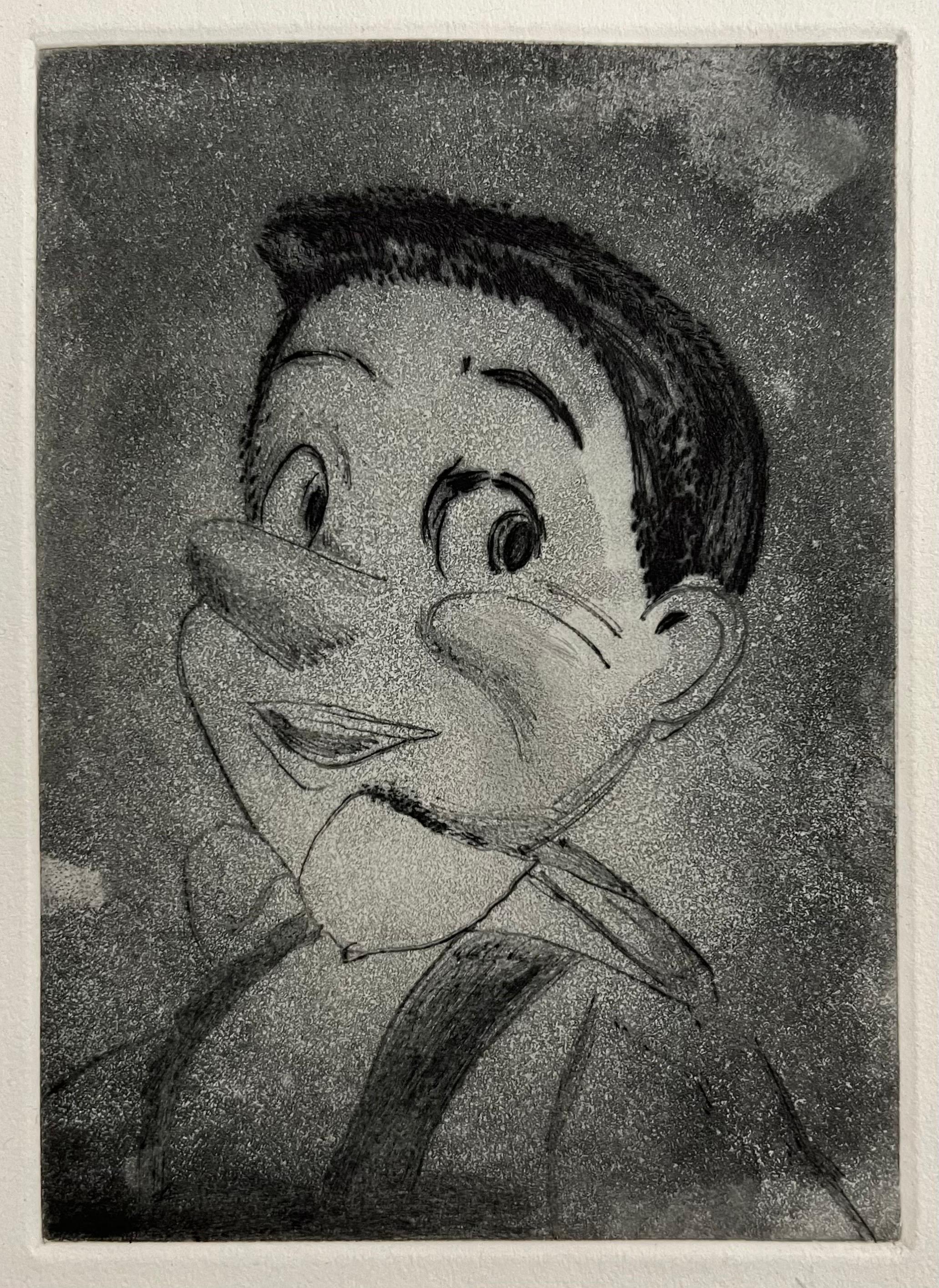 Jim Dine (américain, né en 1935) 
Gravure représentant Pinocchio
Publié par Enitharmon Press pour Whitman College, Londres 1999
Signé à la main au crayon en bas à droite. Dimensions de la feuille : 9" x 7".
Ce document n'est pas numéroté. Il s'agit