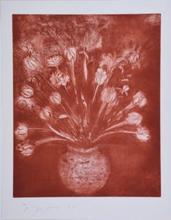 Red Ochre Flowers Etching, Contemporary Still Life, Signed A/P, 1978