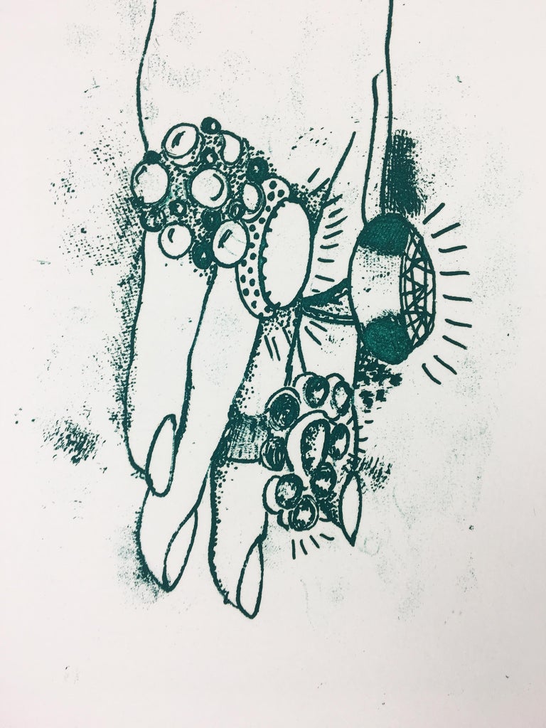 This print depicts a hand adorned with ornate jeweled rings, printed in teal turquoise. Underneath the hand is written “Study for the Rings on Dorian Gray’s Hand”. In Oscar Wilde’s novel The Picture of Dorian Gray, the servants are able to identify