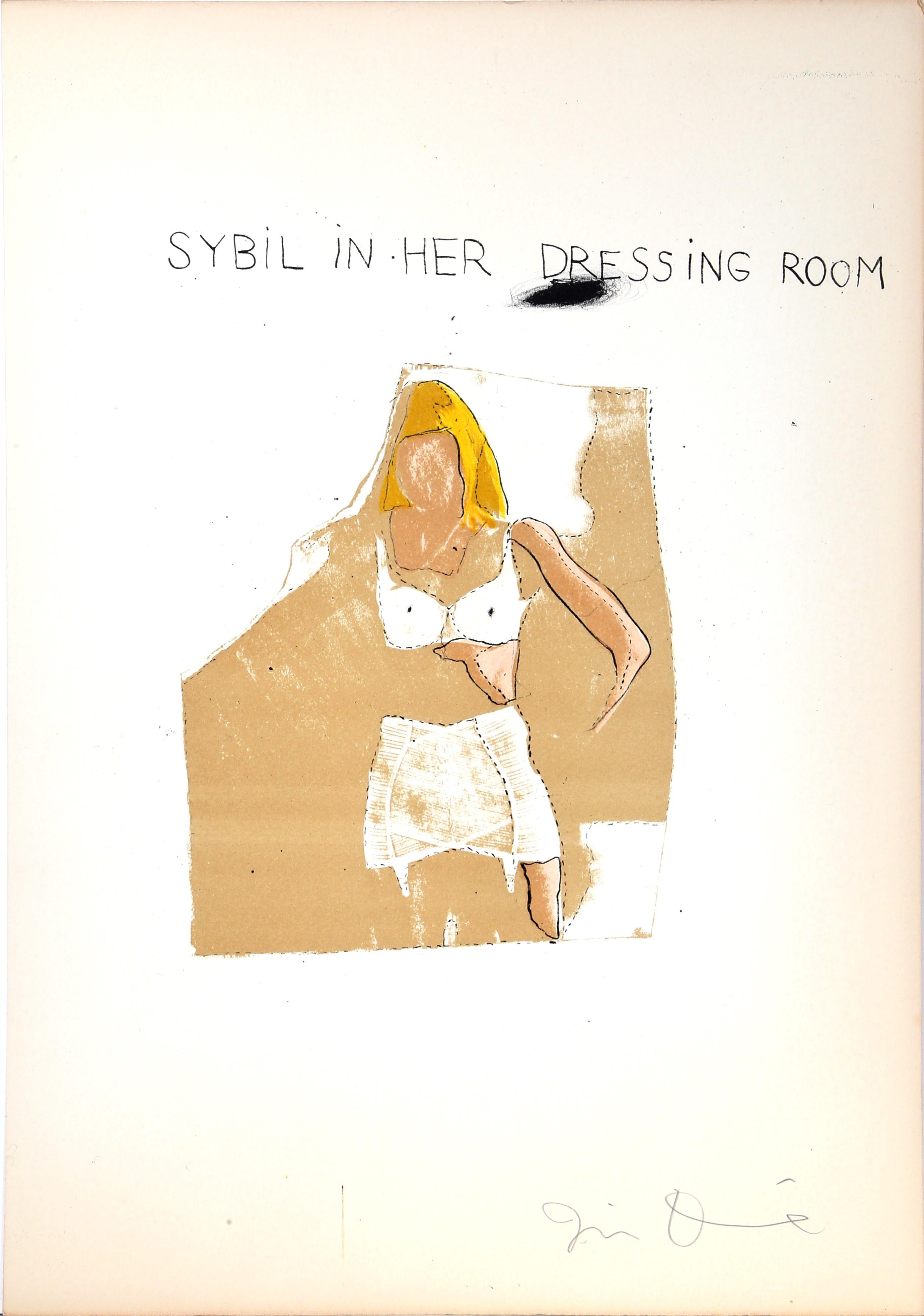 A lithograph by Jim Dine depicting a blond woman in a state of undress. Above her, the text reads "Sybil in her dressing room" in all capital letters. This print is signed in pencil by the artist.

Sybil in Her Dressing Room
Jim Dine, American