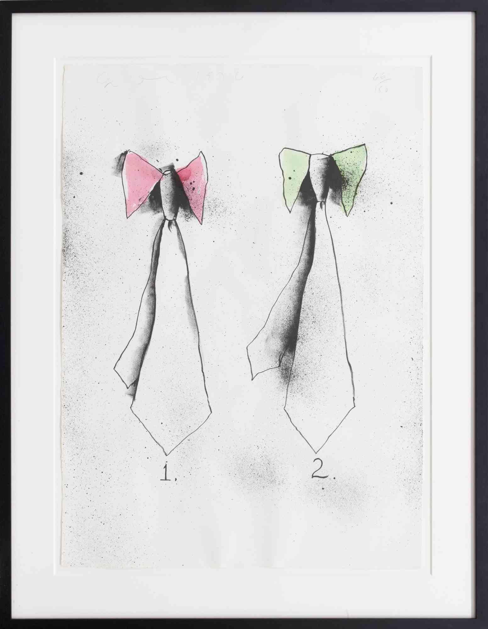 Ties is a contemporary artwork realized by Jim Dine in 1976.

Mixed colored lithograph. 

Edition of 66/150. 

The artwork is from the portfolio: Bathrobe, Hands, Ties, Saw, Rainbow, Boots 1970/76.

Printed in wove paper, signed, dated, and numbered