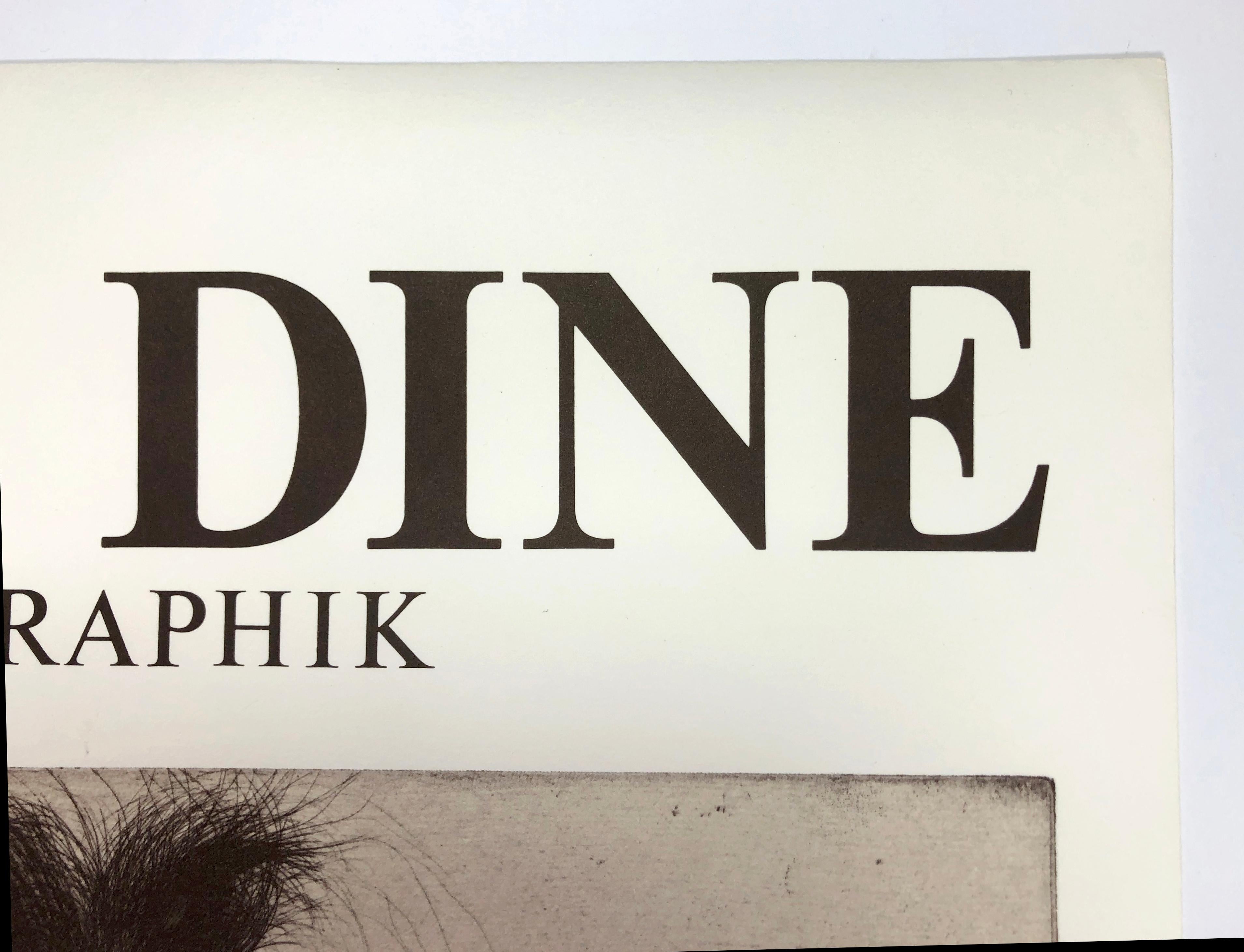 Poster produced on the occasion of Jim Dine’s 1973 exhibition at Galerie Kornfeld, Zurich. The artist’s 1973 etching Braid (second state) is reproduced on off-white, fine, laid paper, cut narrowly to enhance the proportions of the long braid. The