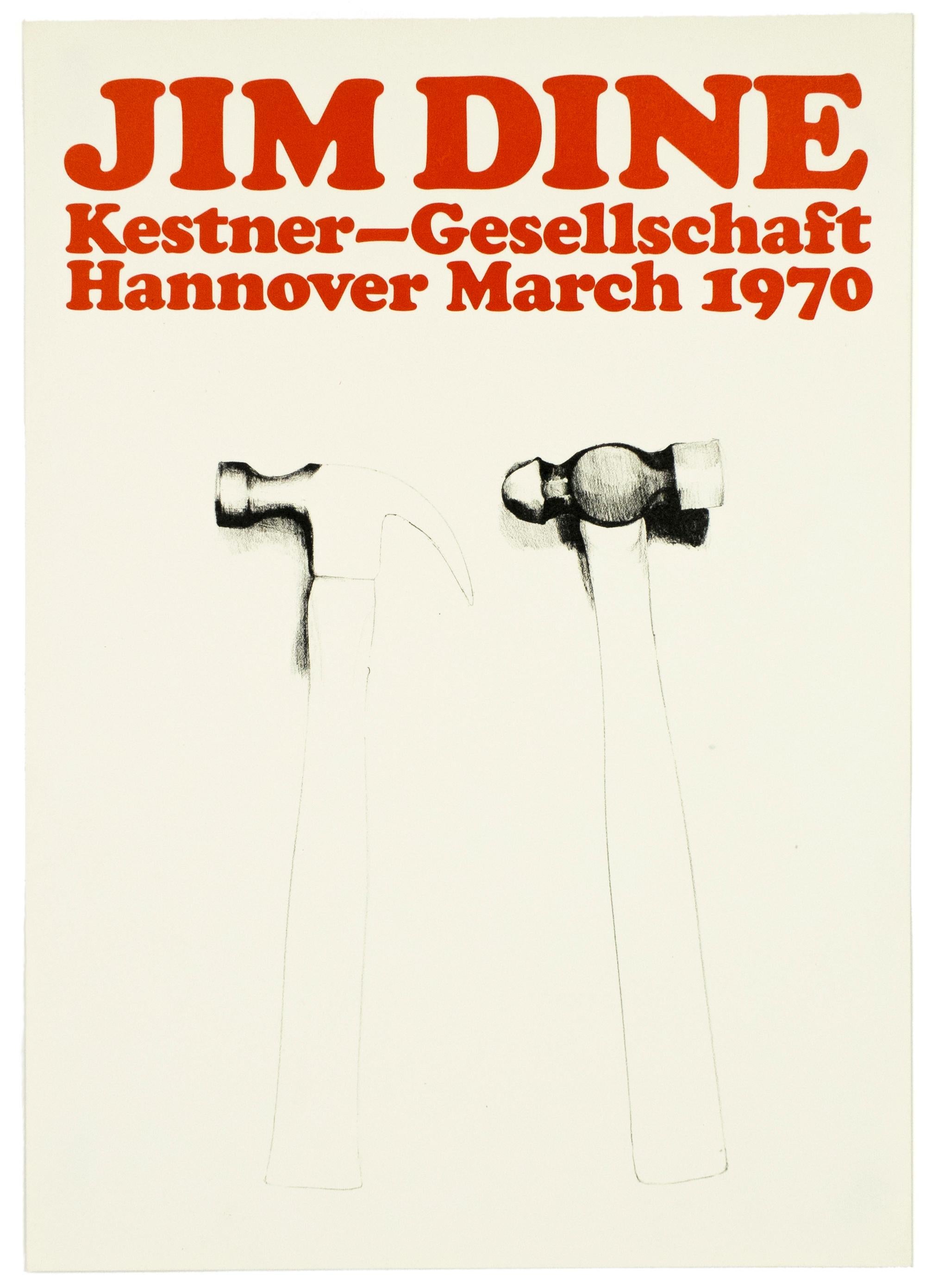 This vintage exhibition poster reproduces Jim Dine’s 1970 lithograph Hammers, which is in the collection of the Museum of Contemporary Art, Chicago. It was produced for Dine’s Complete Graphics 1970 exhibition at the Kestner Gesellschaft, Hannover,