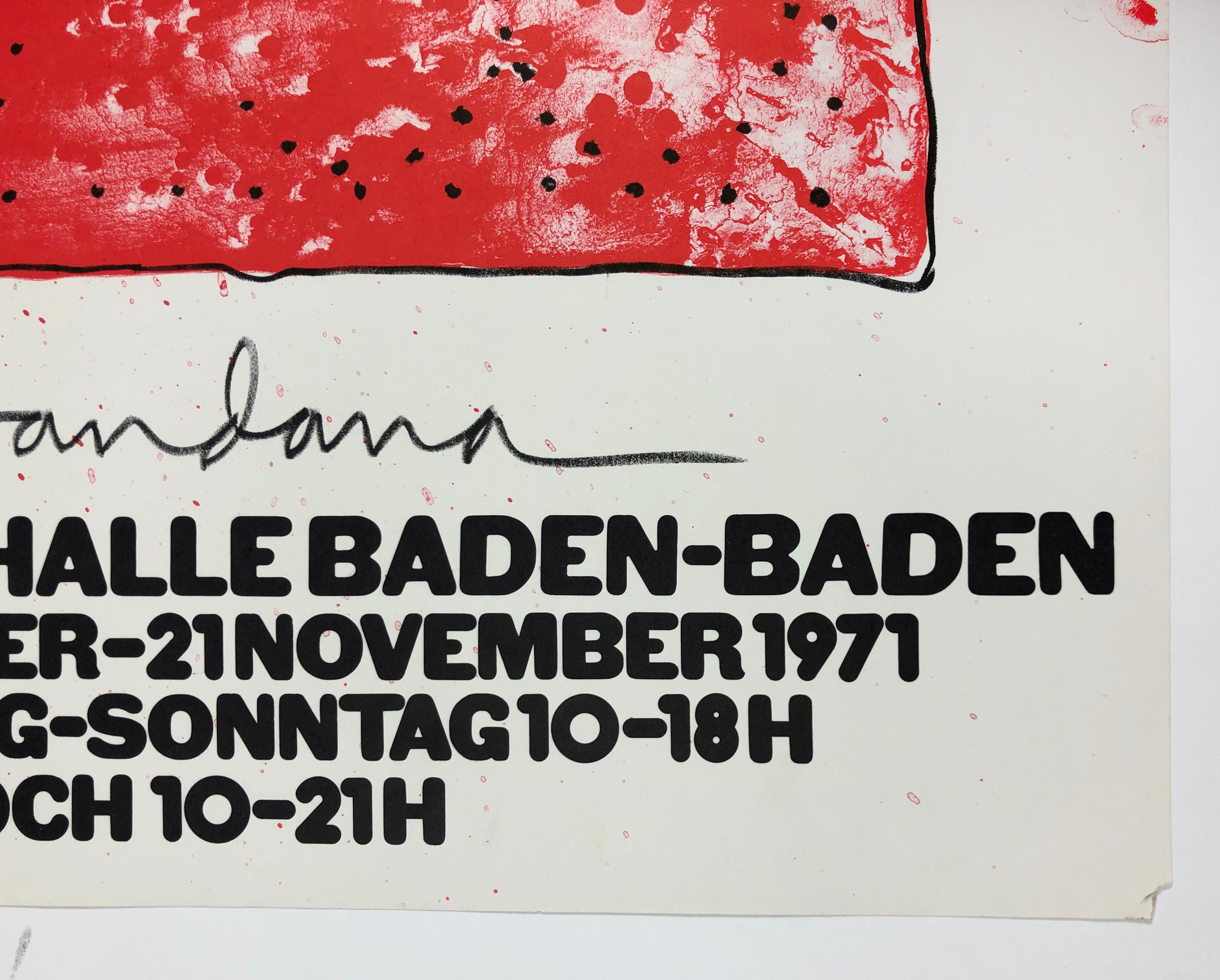 Original poster produced on the occasion of Jim Dine's 1971 exhibition at the Staatliche Kunsthalle Baden-Baden. This vintage poster reproduces the artist’s lithograph The Red Bandana: a classic bandana sketched in black with a beautifully