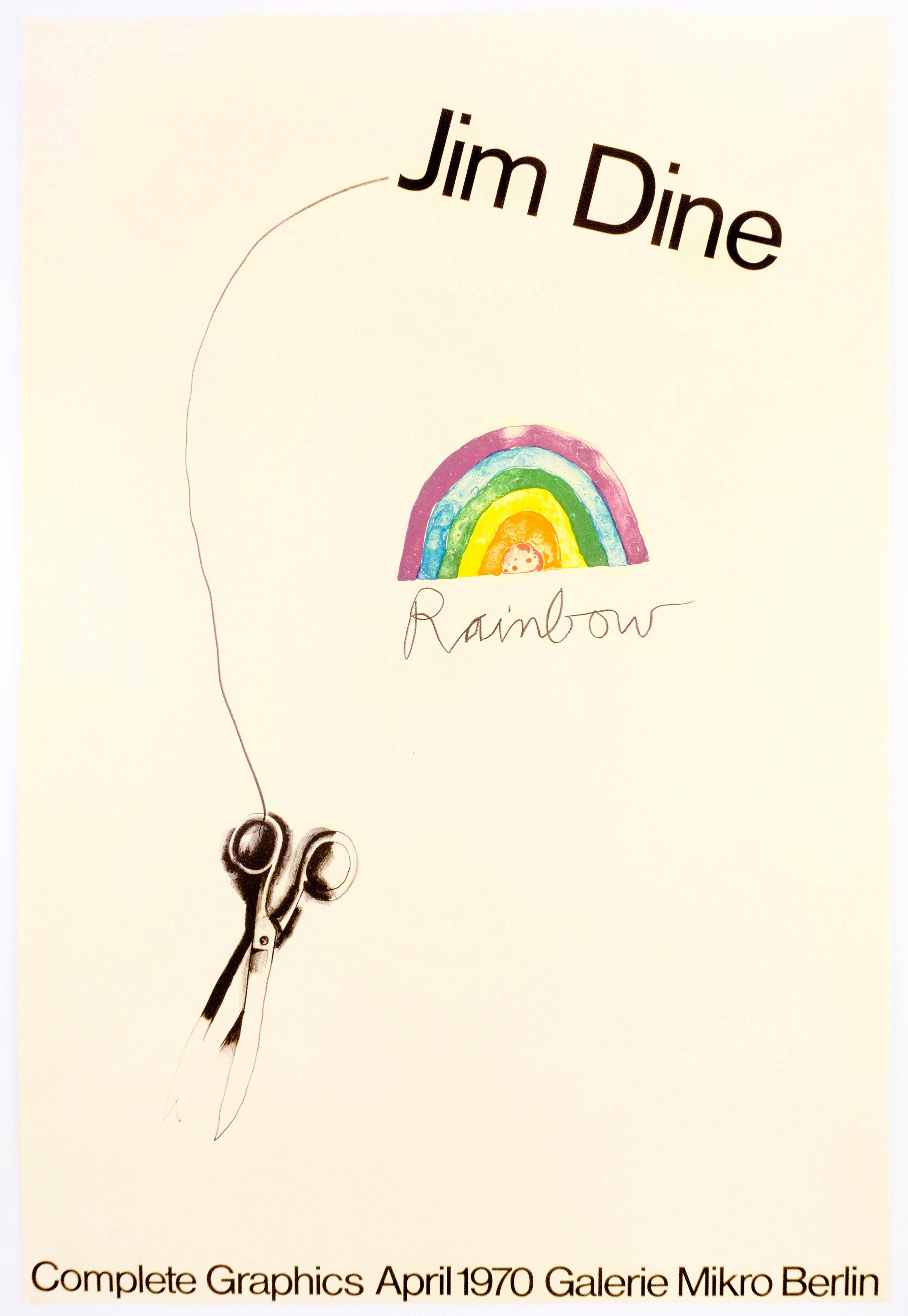 This poster features one of Jim Dine’s trademark tools: a pair of scissors hangs on a long thread from Jim Dine’s name. In the original 'Scissors and Rainbow' edition, the thread spells out “Scissors” – in this original exhibition poster, the word